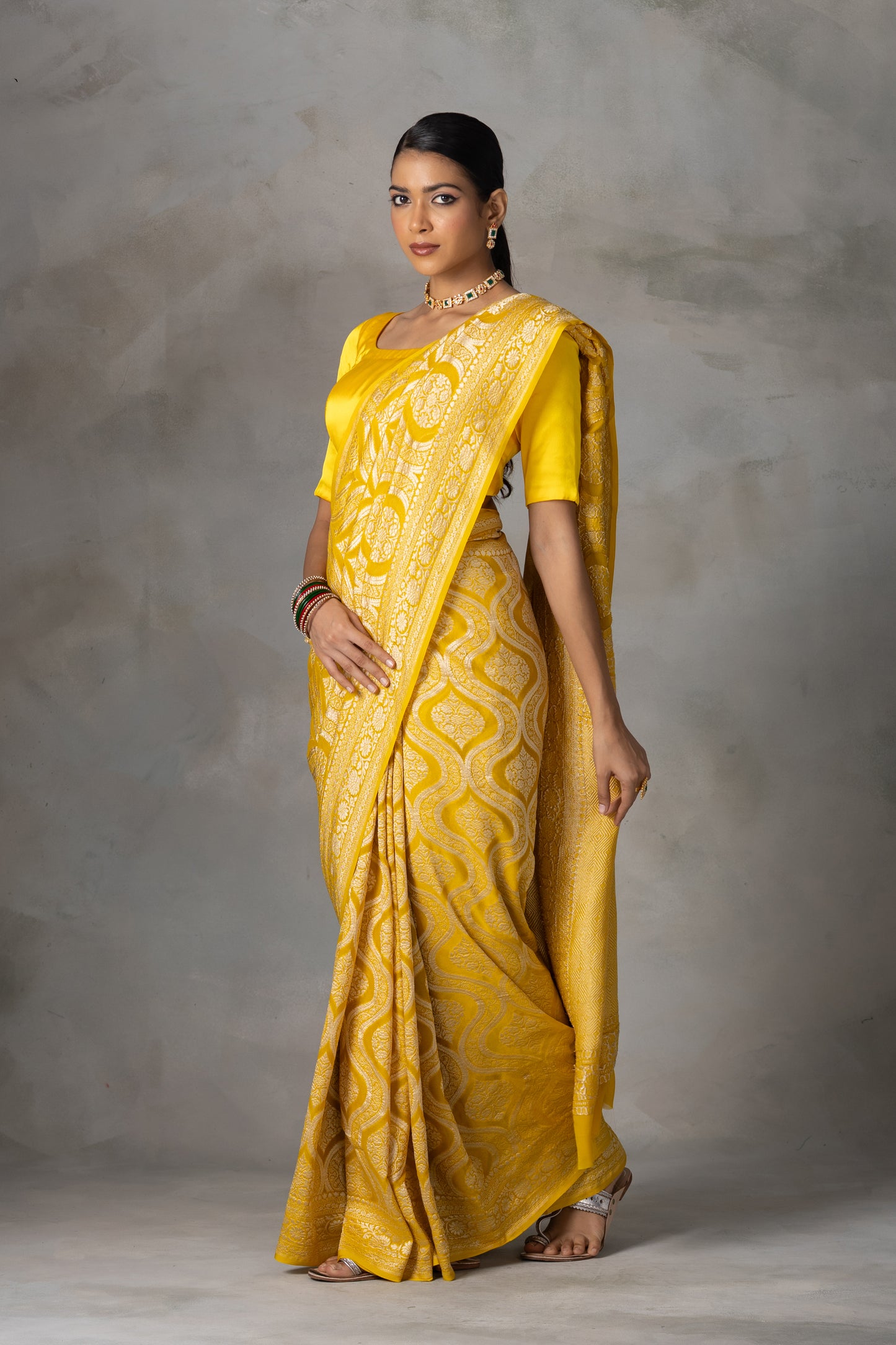Sunshine Yellow Banarasi Georgette (Chiffon) Saree with Golden Zari Weaving