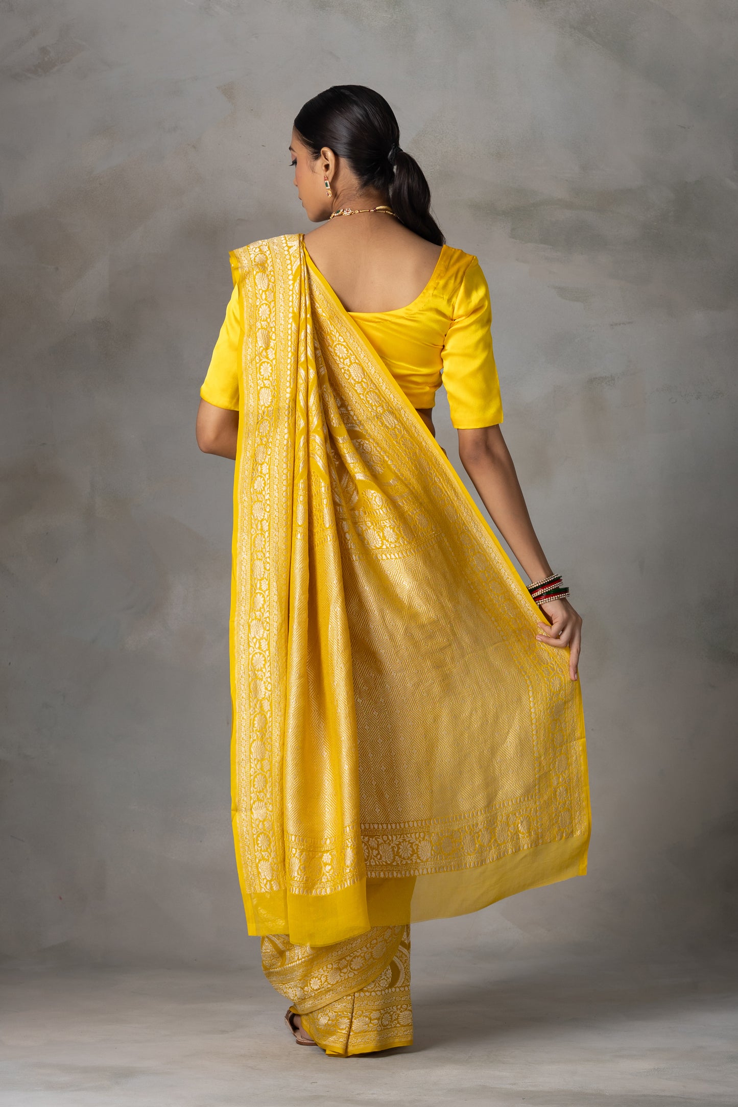 Sunshine Yellow Banarasi Georgette (Chiffon) Saree with Golden Zari Weaving