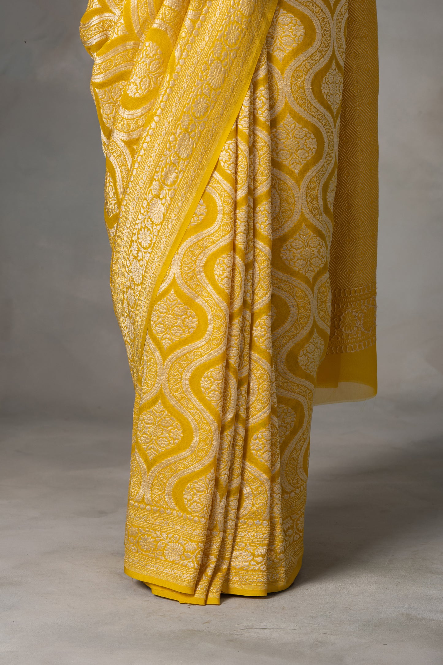 Sunshine Yellow Banarasi Georgette (Chiffon) Saree with Golden Zari Weaving