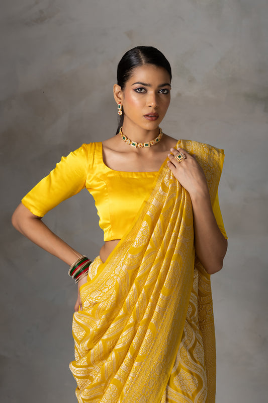 Sunshine Yellow Banarasi Georgette (Chiffon) Saree with Golden Zari Weaving