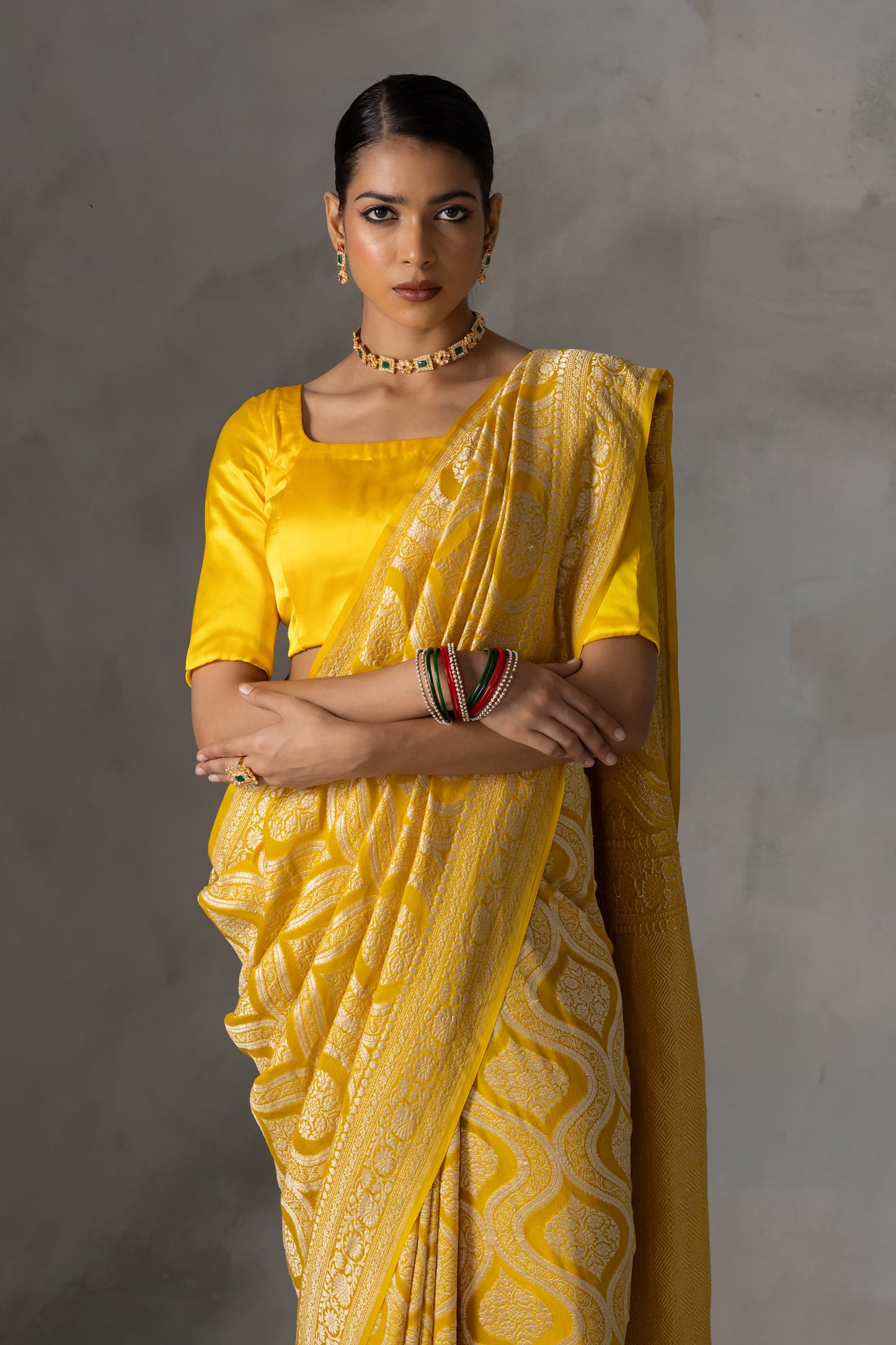 Sunshine Yellow Banarasi Georgette (Chiffon) Saree with Golden Zari Weaving