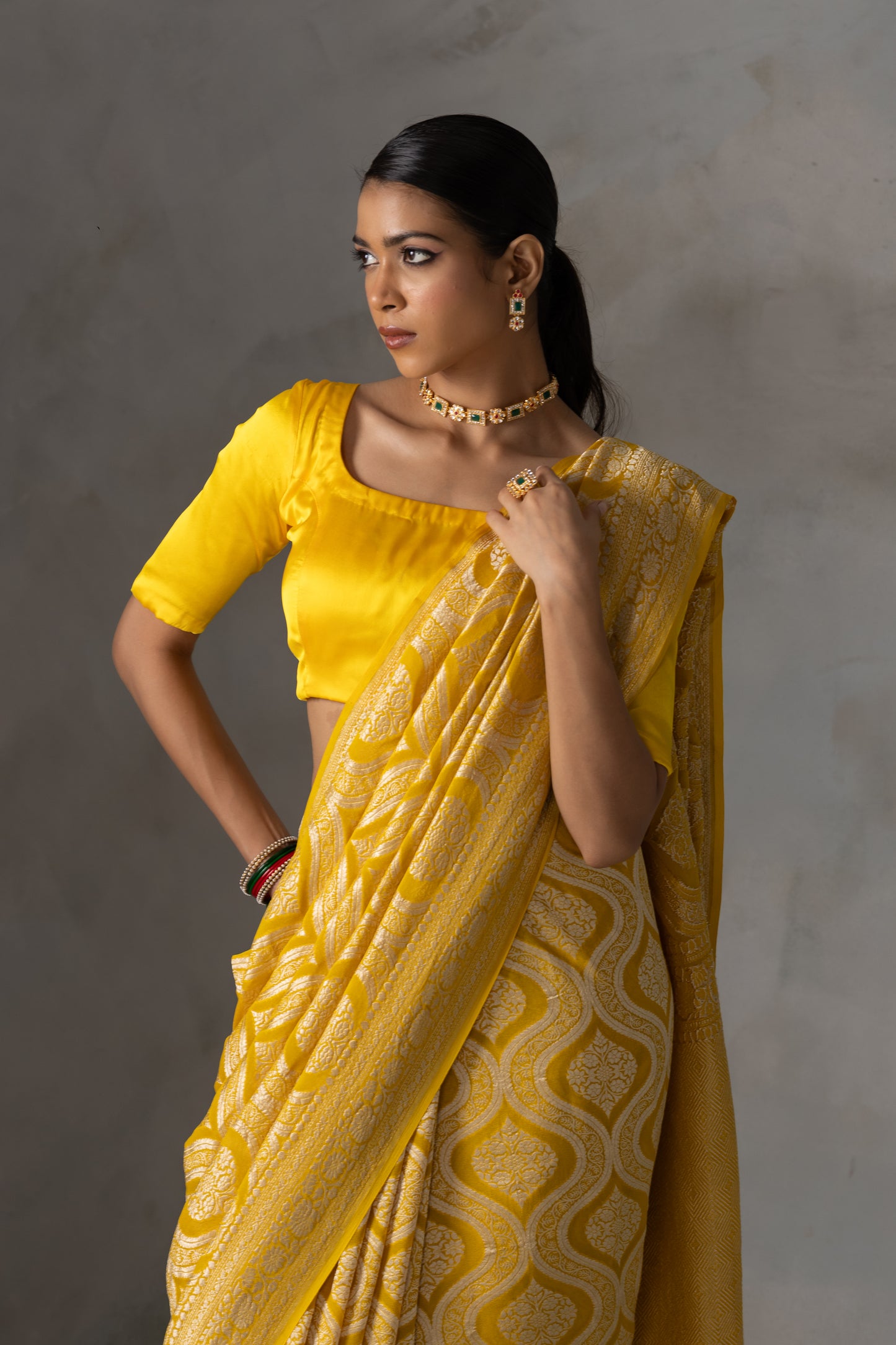 Sunshine Yellow Banarasi Georgette (Chiffon) Saree with Golden Zari Weaving