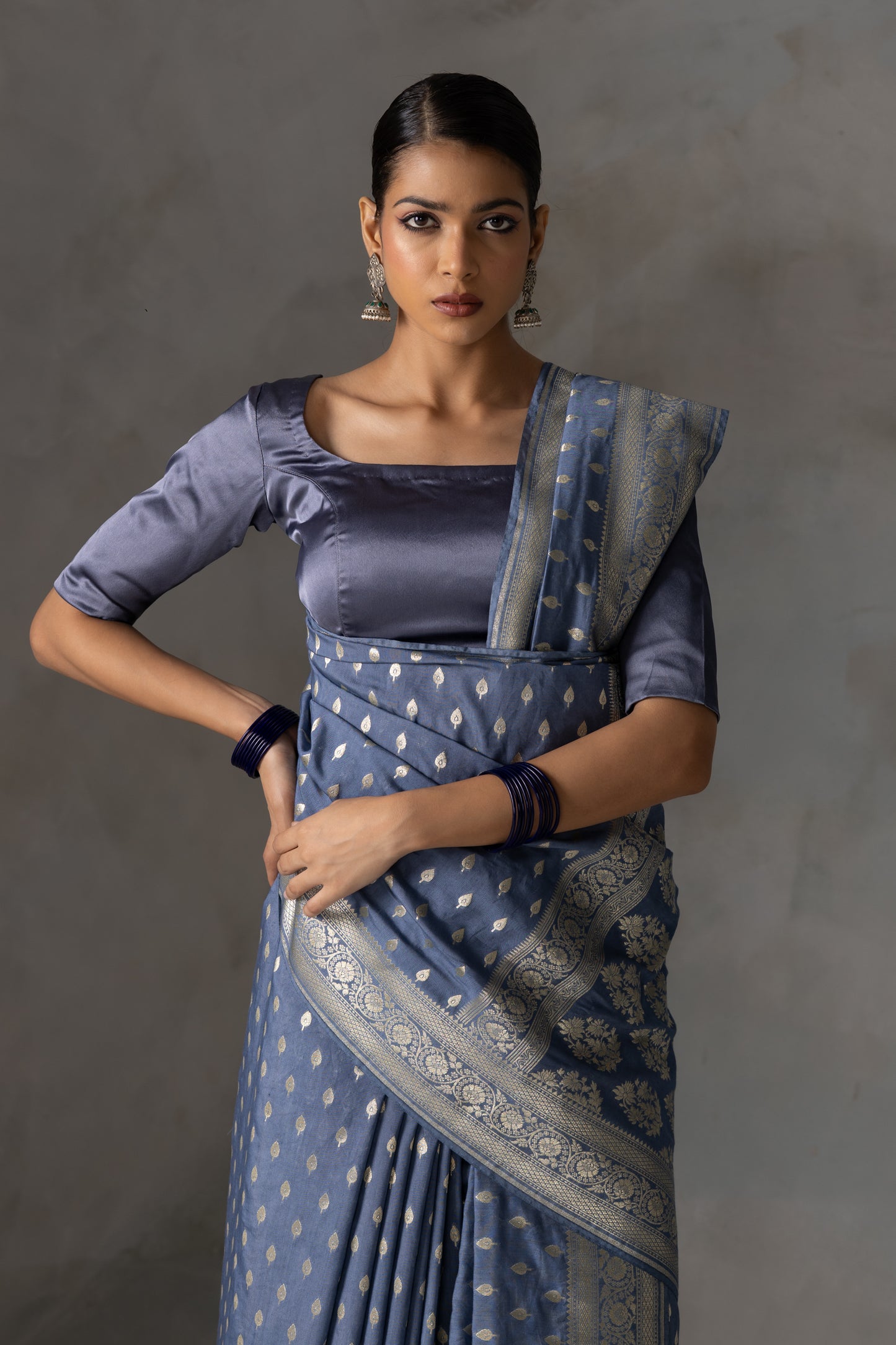 Royal Grey Banarasi Art Silk Saree with Fine Zari Buties