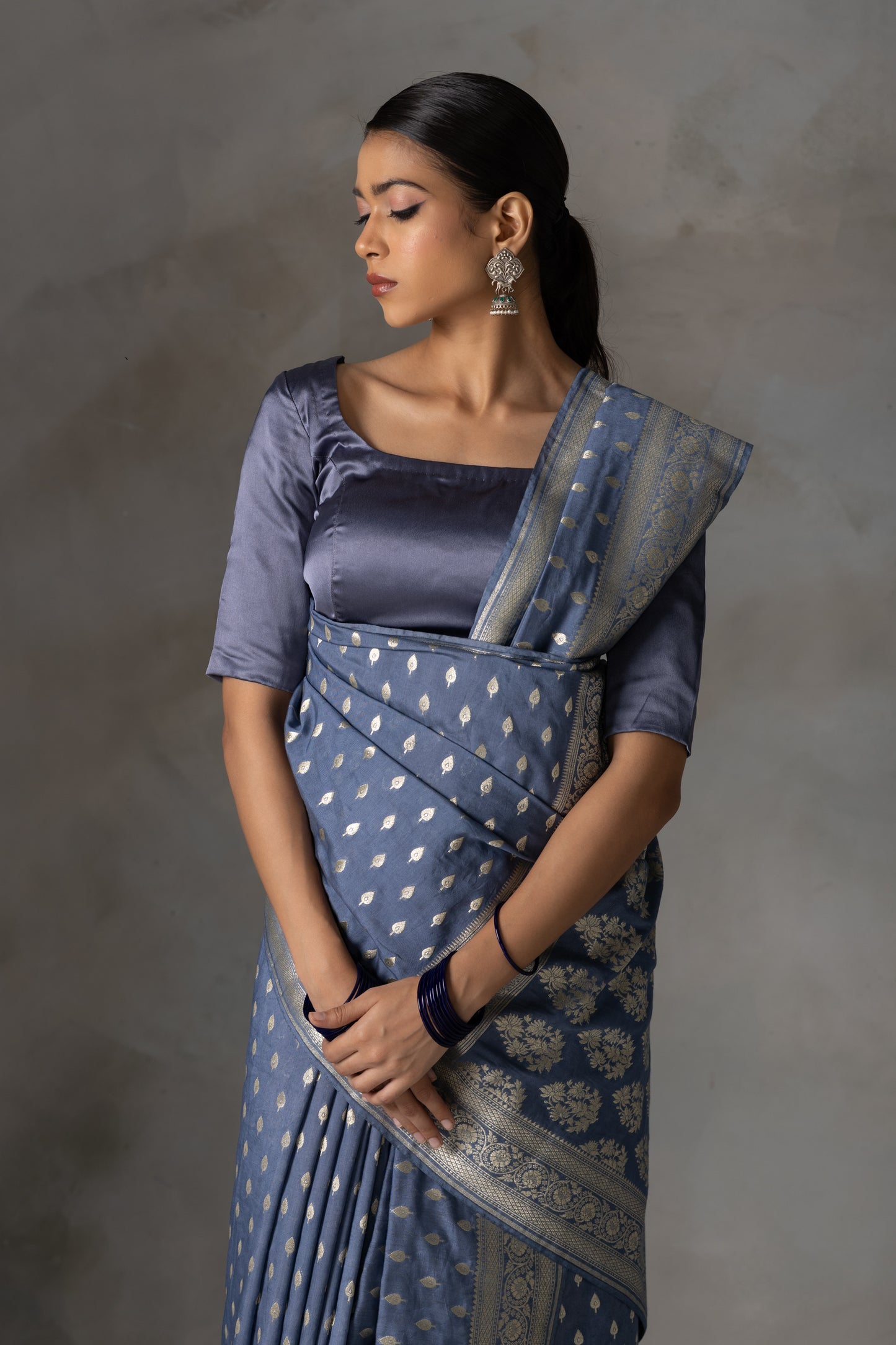Royal Grey Banarasi Art Silk Saree with Fine Zari Buties