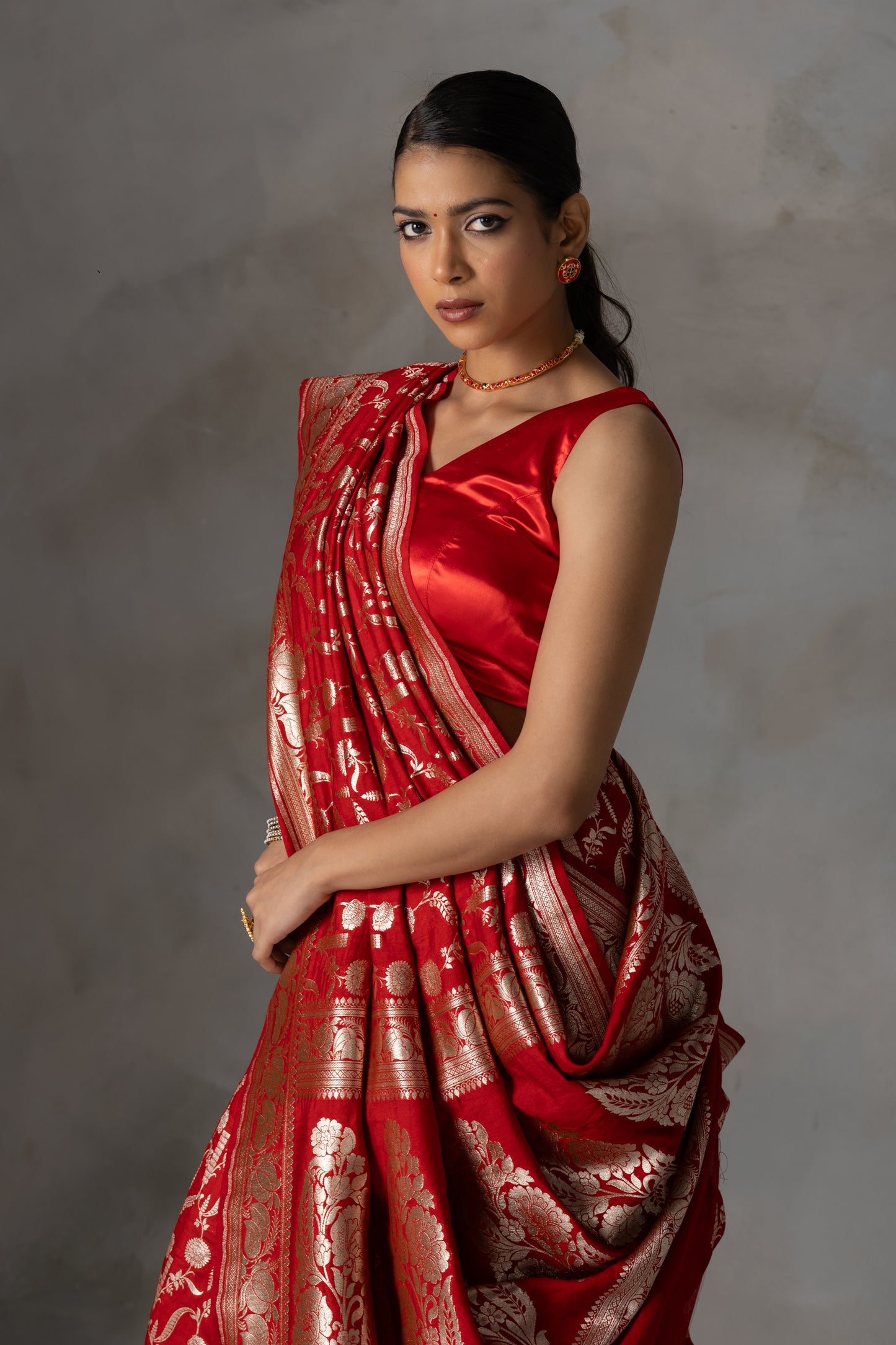 Red Rose Banarasi Handloom Silk Saree with Gold Zari Weaving