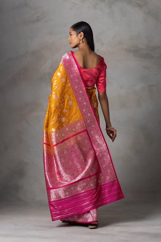 Mustard & Magenta Pink Kadhwa Banarasi Silk Saree