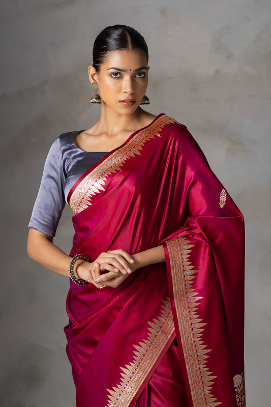 Magenta Banarasi Silk Saree with Golden Zari Border & Pallu