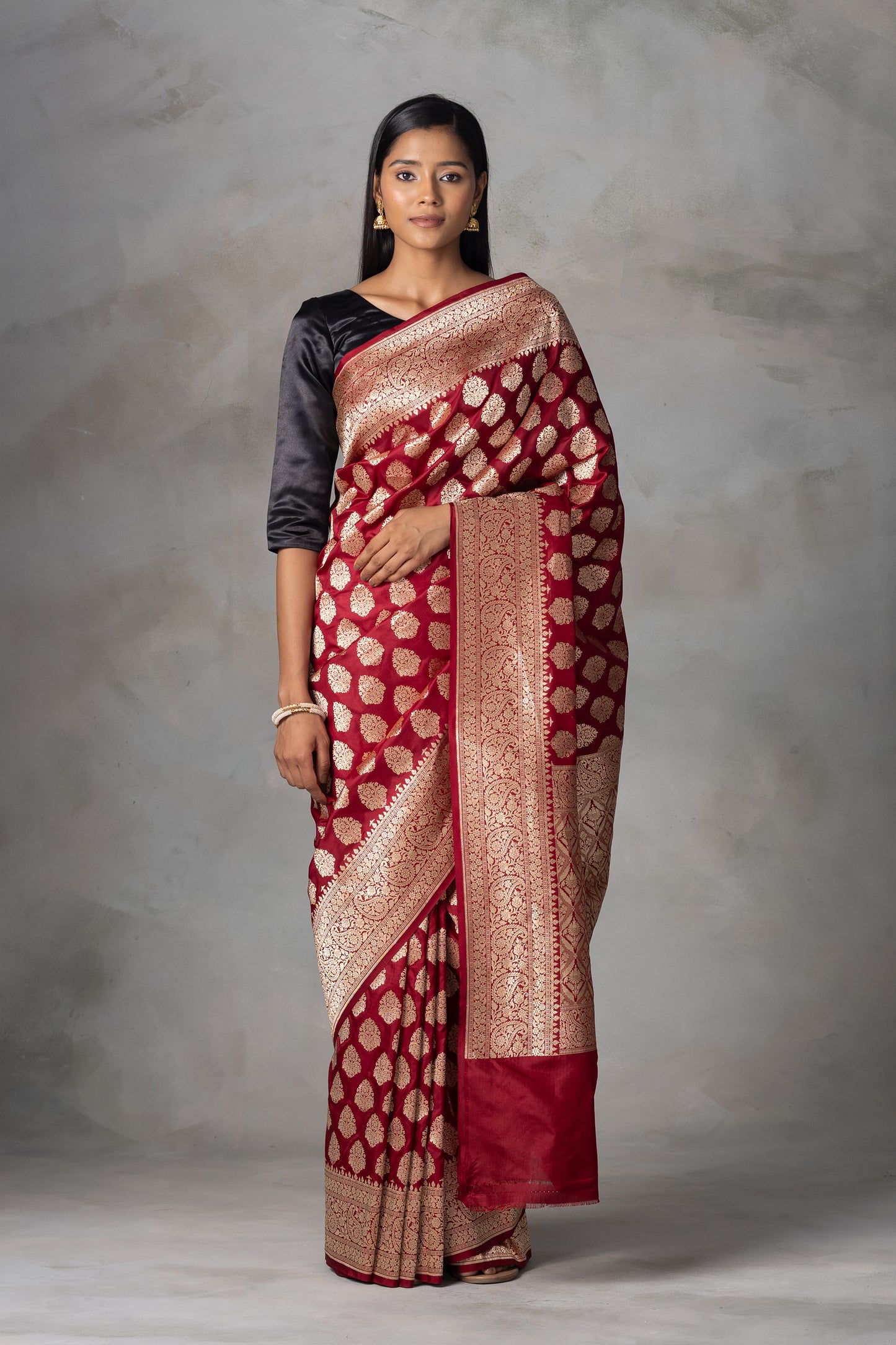 Deep Maroon Kadilyal Banarasi Silk Saree with Golden Zari Work
