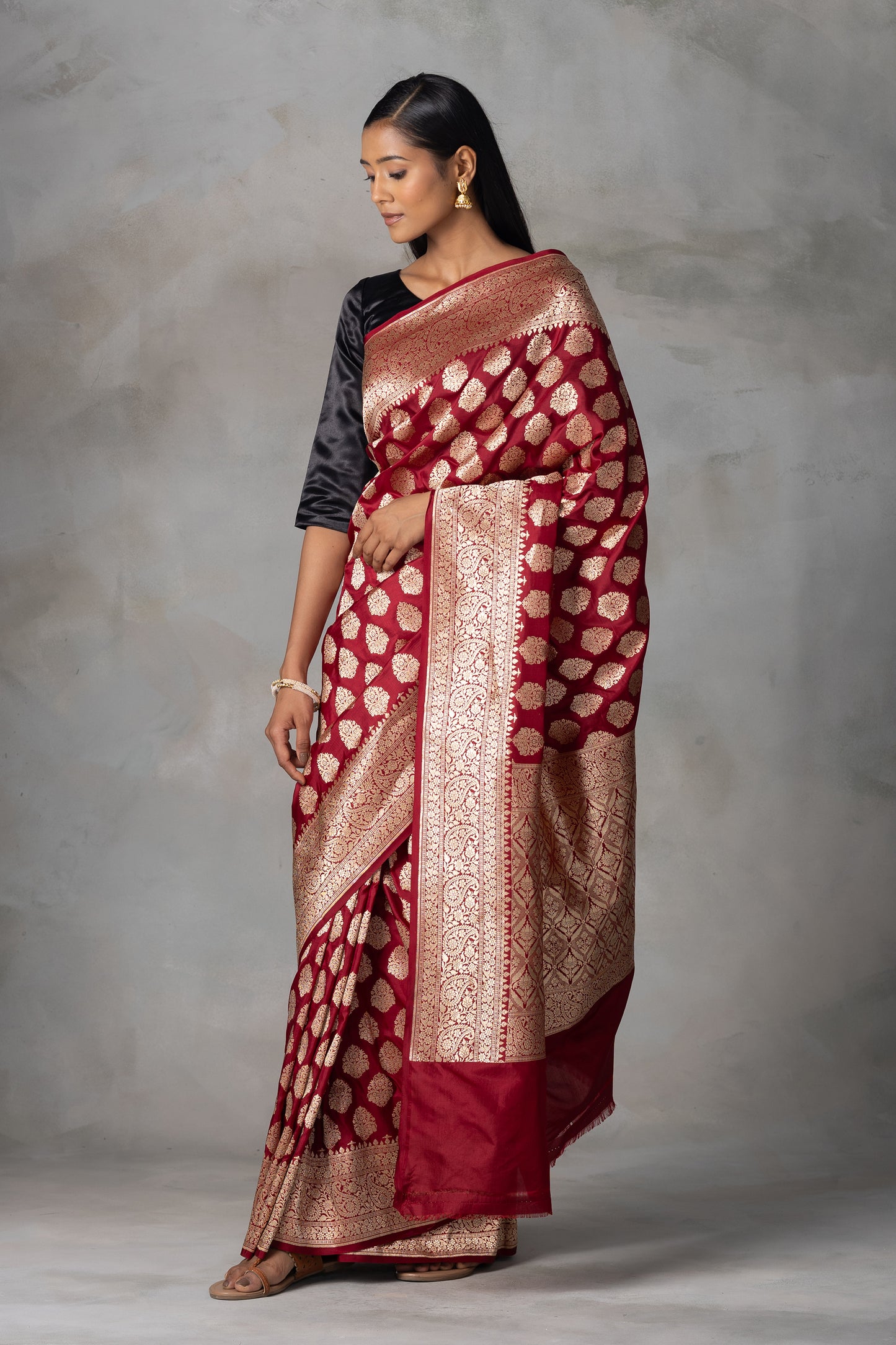Deep Maroon Kadilyal Banarasi Silk Saree with Golden Zari Work