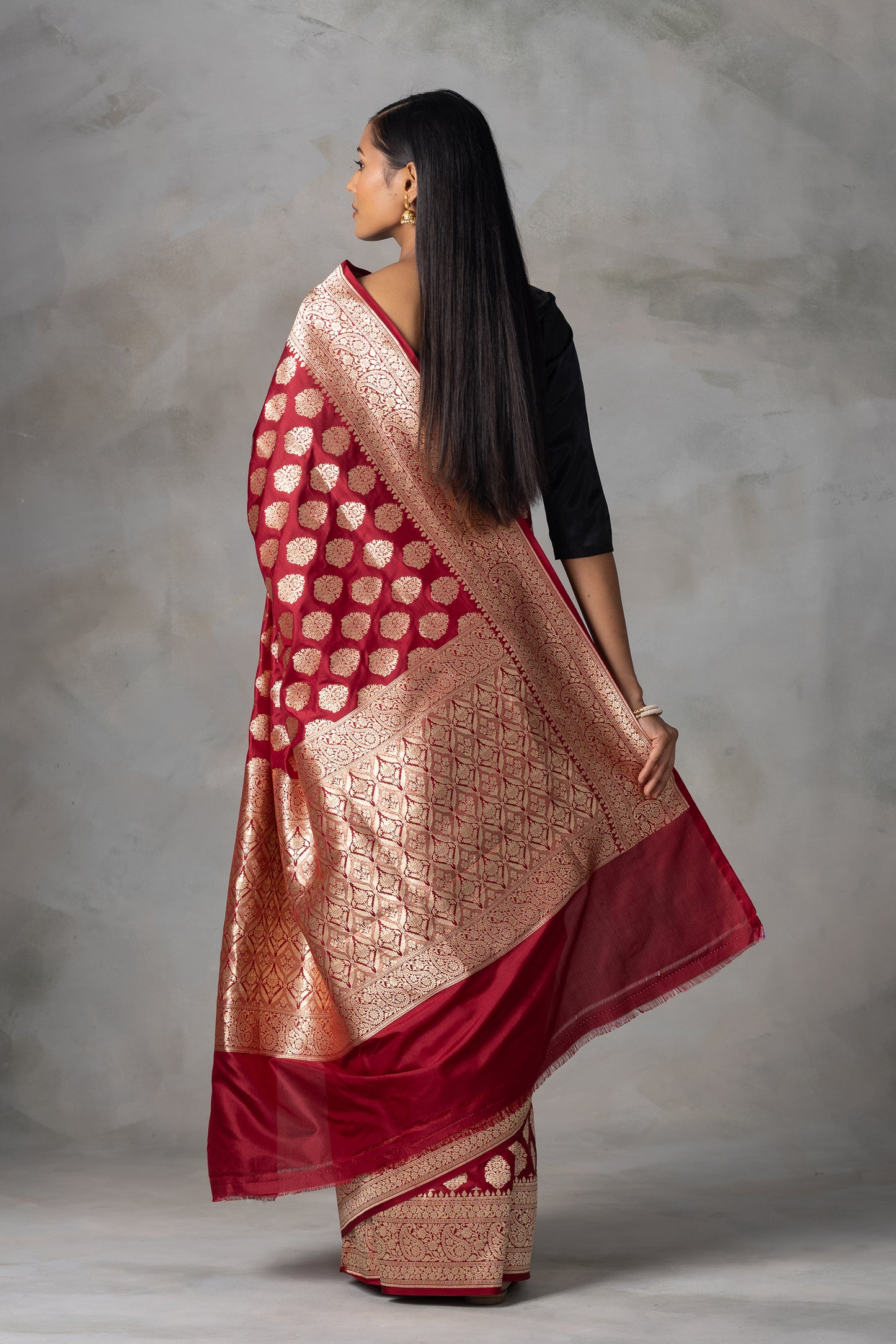 Deep Maroon Kadilyal Banarasi Silk Saree with Golden Zari Work