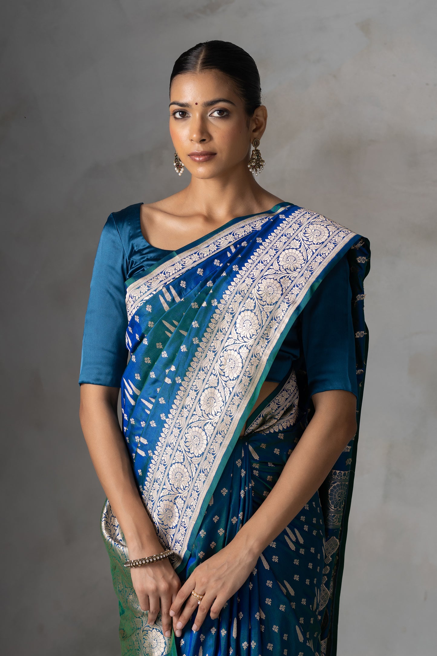 Exquisite Teal & Blue Handwoven Silk Saree