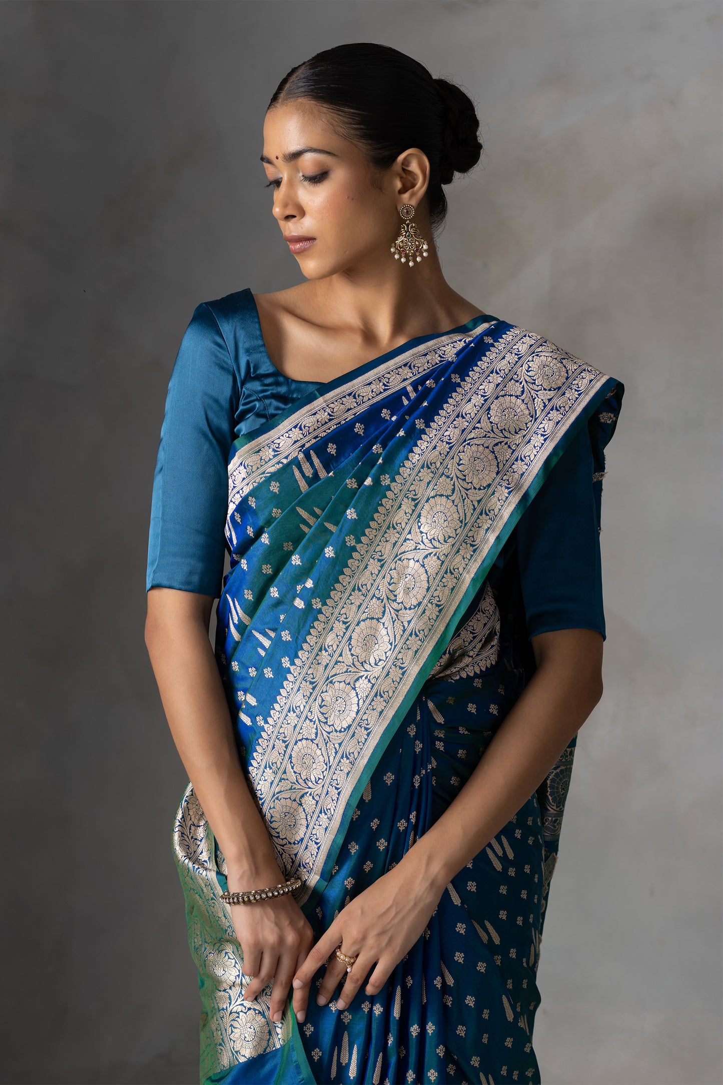 Exquisite Teal & Blue Handwoven Silk Saree