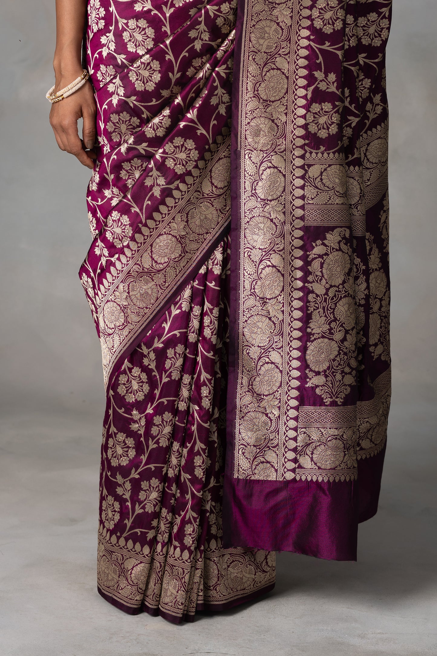 Elegant Burgundy Banarasi Silk Saree with Gold Zari Floral Jaal
