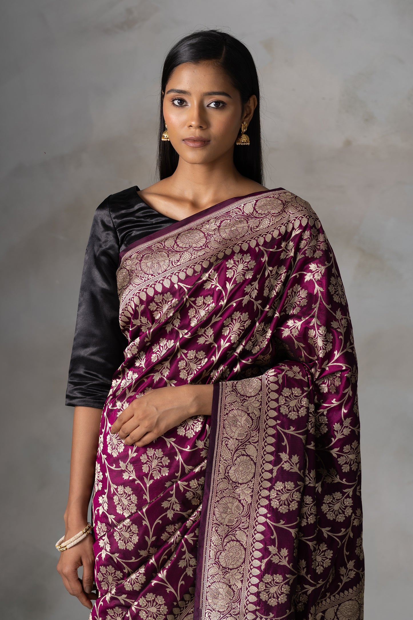 Elegant Burgundy Banarasi Silk Saree with Gold Zari Floral Jaal