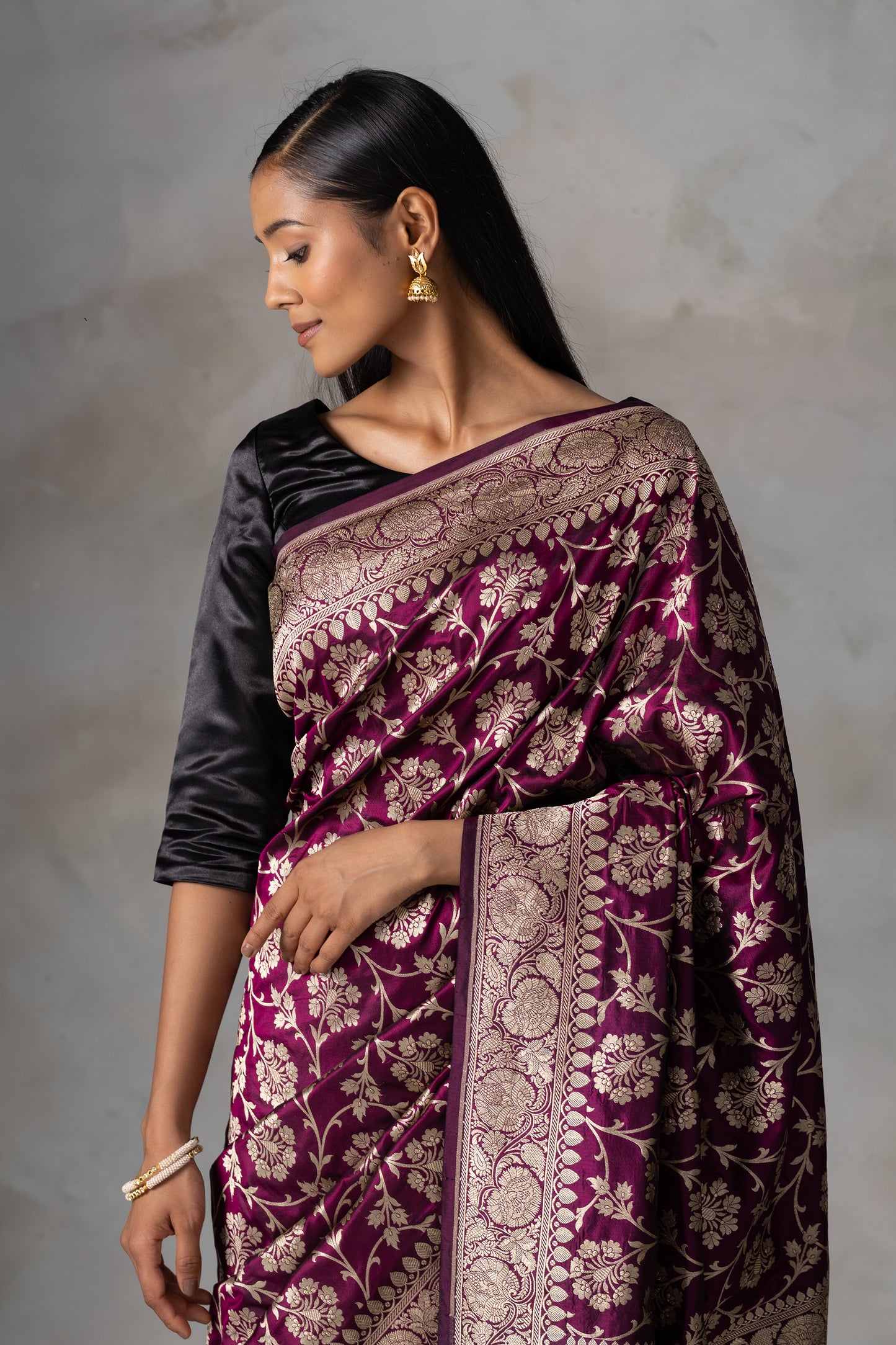 Elegant Burgundy Banarasi Silk Saree with Gold Zari Floral Jaal