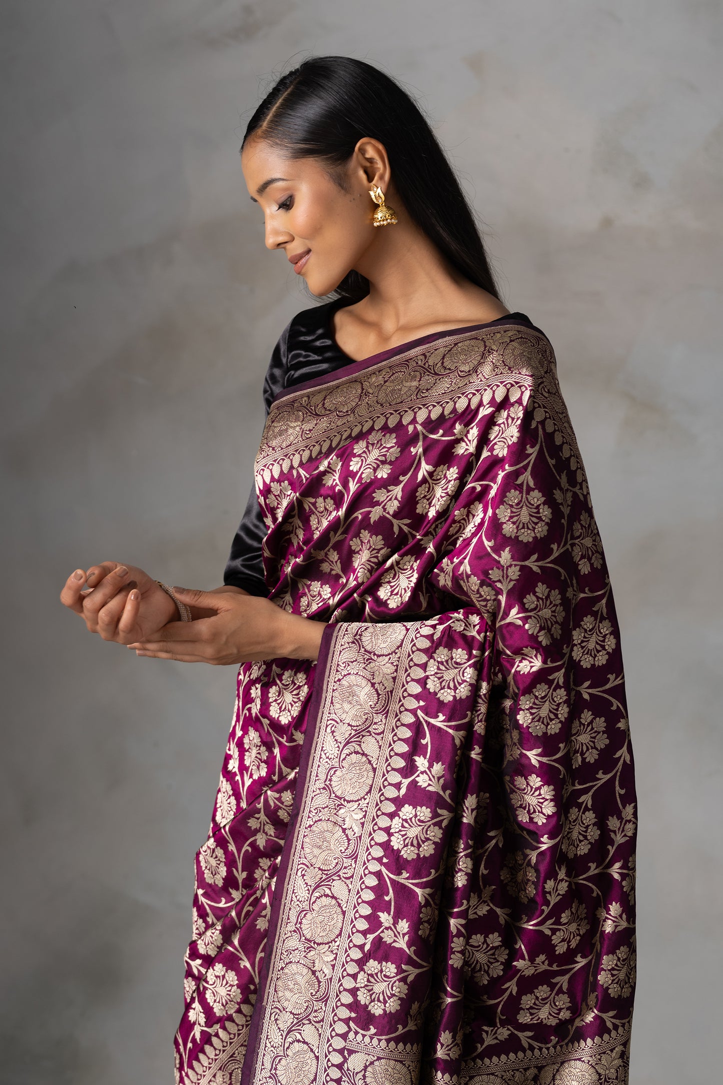 Elegant Burgundy Banarasi Silk Saree with Gold Zari Floral Jaal
