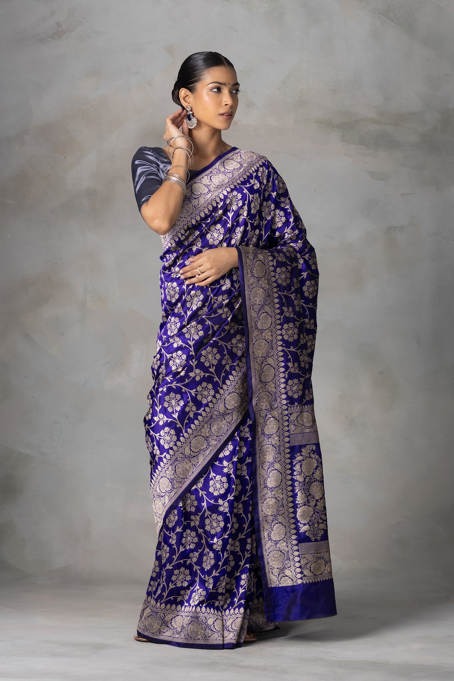 Royal Blue Banarasi Silk Saree with Gold Zari Floral Jaal