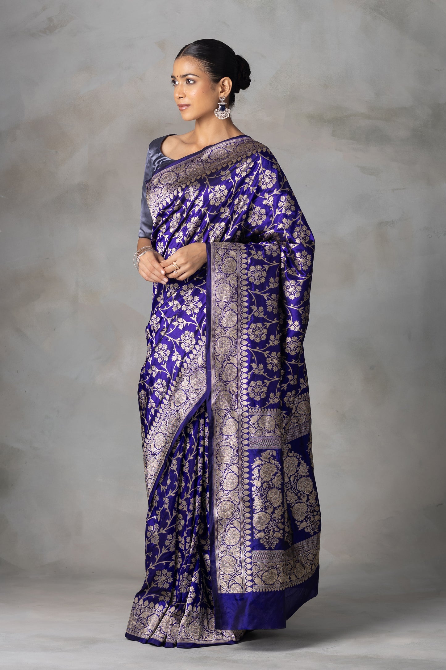 Royal Blue Banarasi Silk Saree with Gold Zari Floral Jaal
