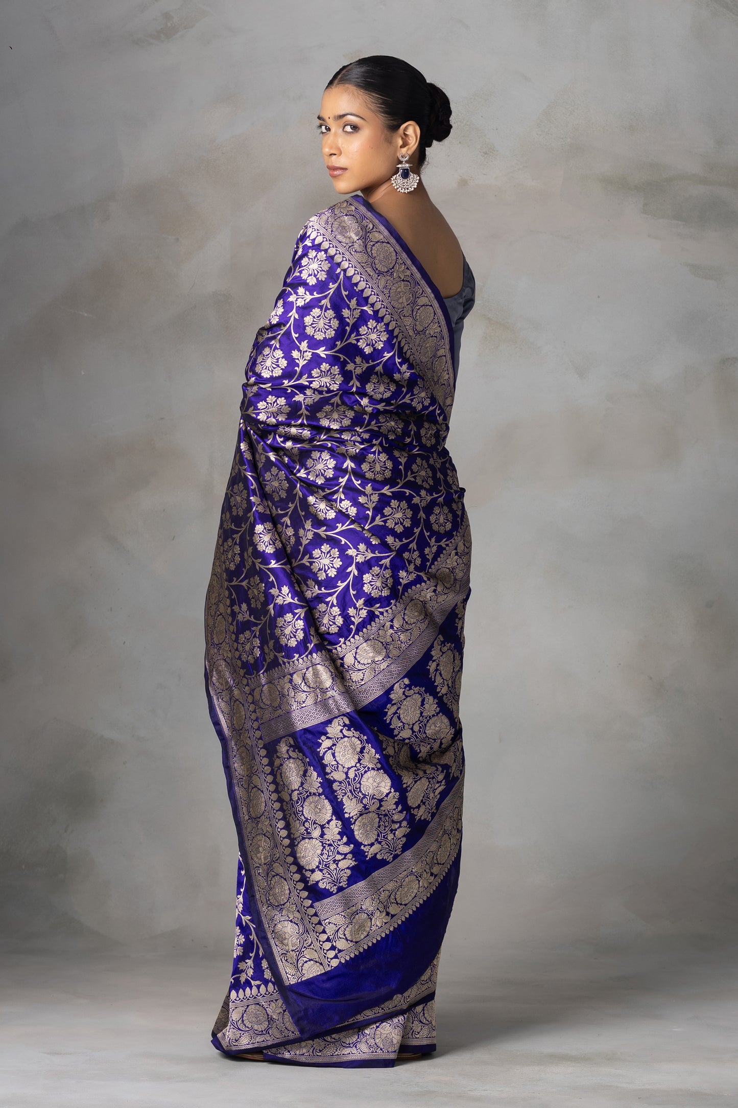 Royal Blue Banarasi Silk Saree with Gold Zari Floral Jaal