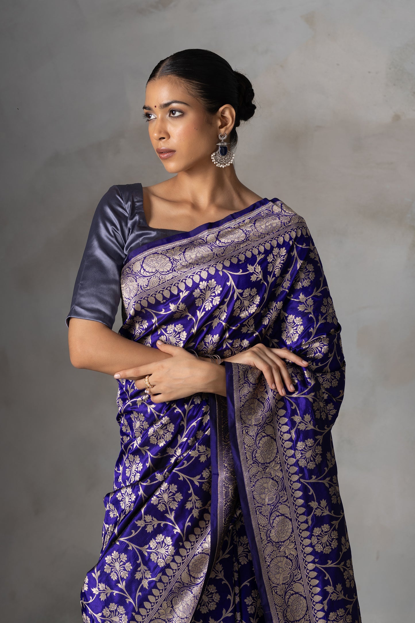 Royal Blue Banarasi Silk Saree with Gold Zari Floral Jaal