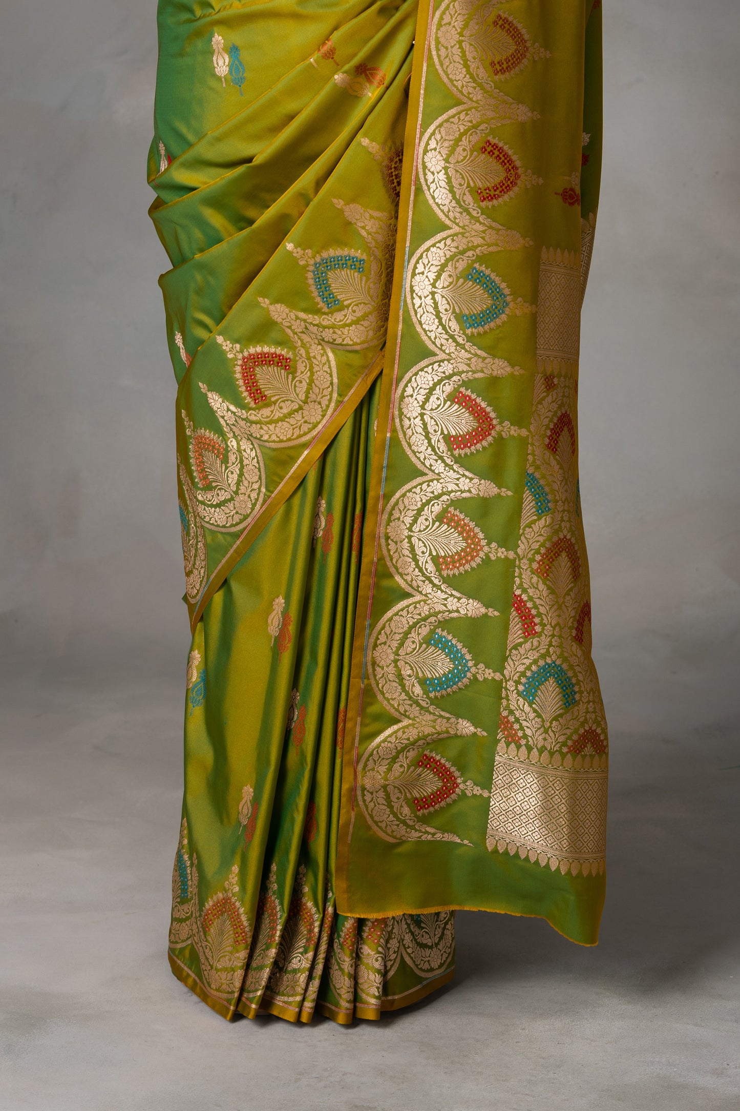 Olive Green Banarasi Silk Saree with Multicolour Leaf Motifs