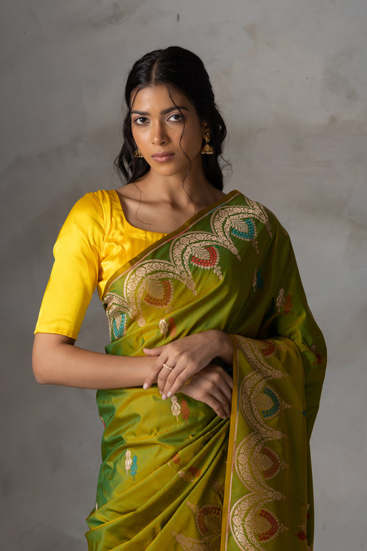 Olive Green Banarasi Silk Saree with Multicolour Leaf Motifs