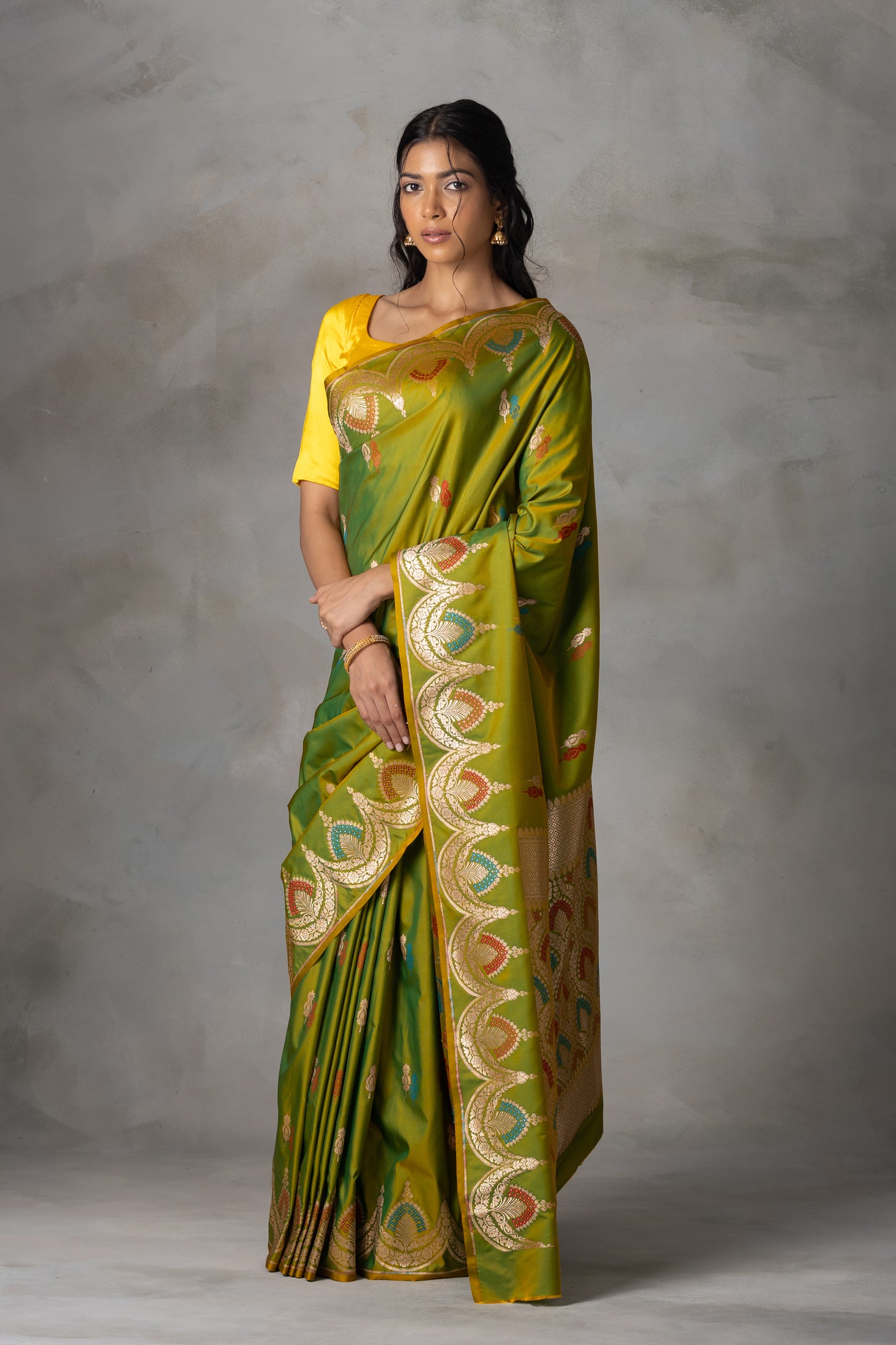 Olive Green Banarasi Silk Saree with Multicolour Leaf Motifs
