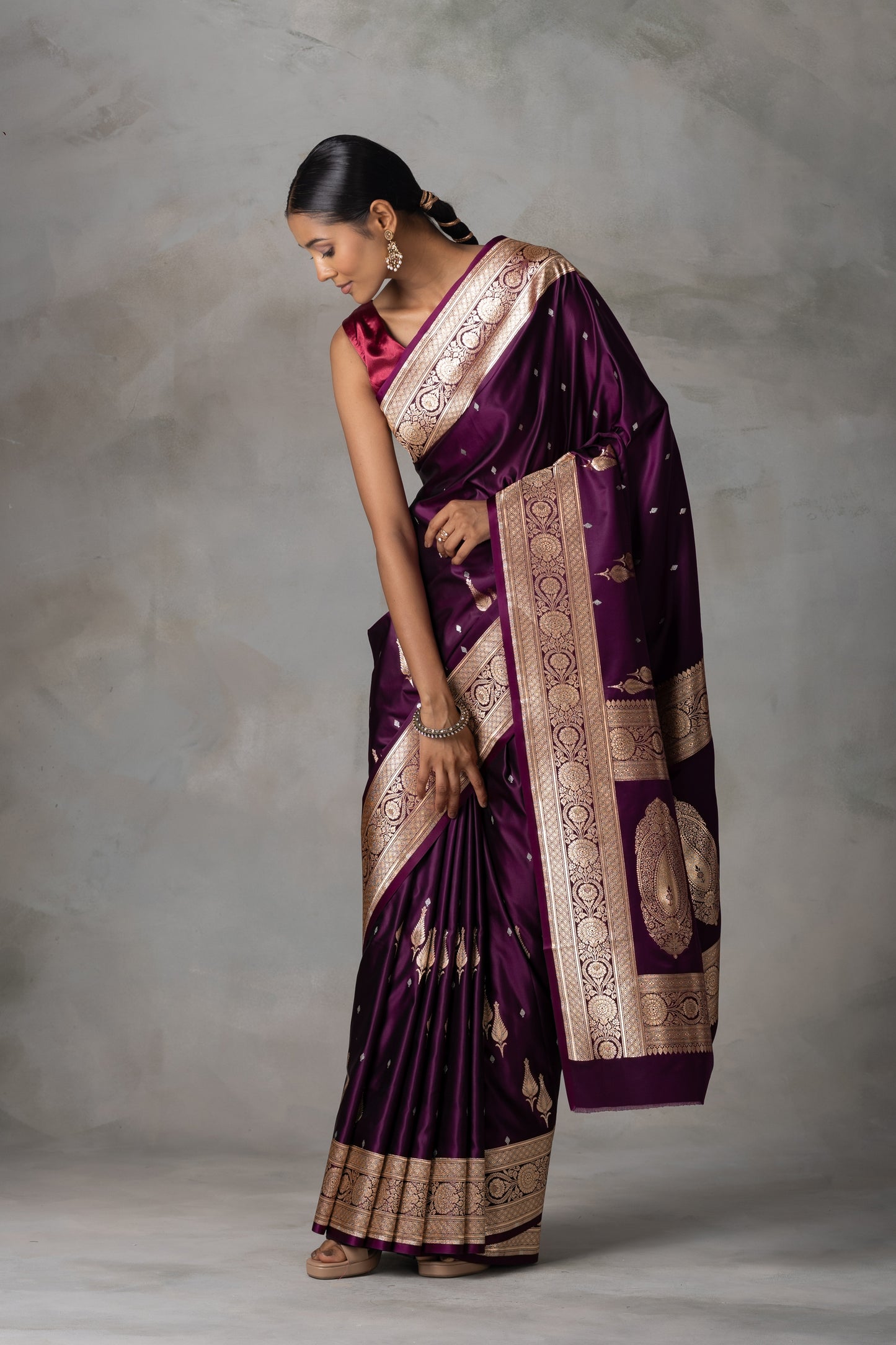 Plum Banarasi Silk Saree with Antique Gold & Silver Zari Detailing