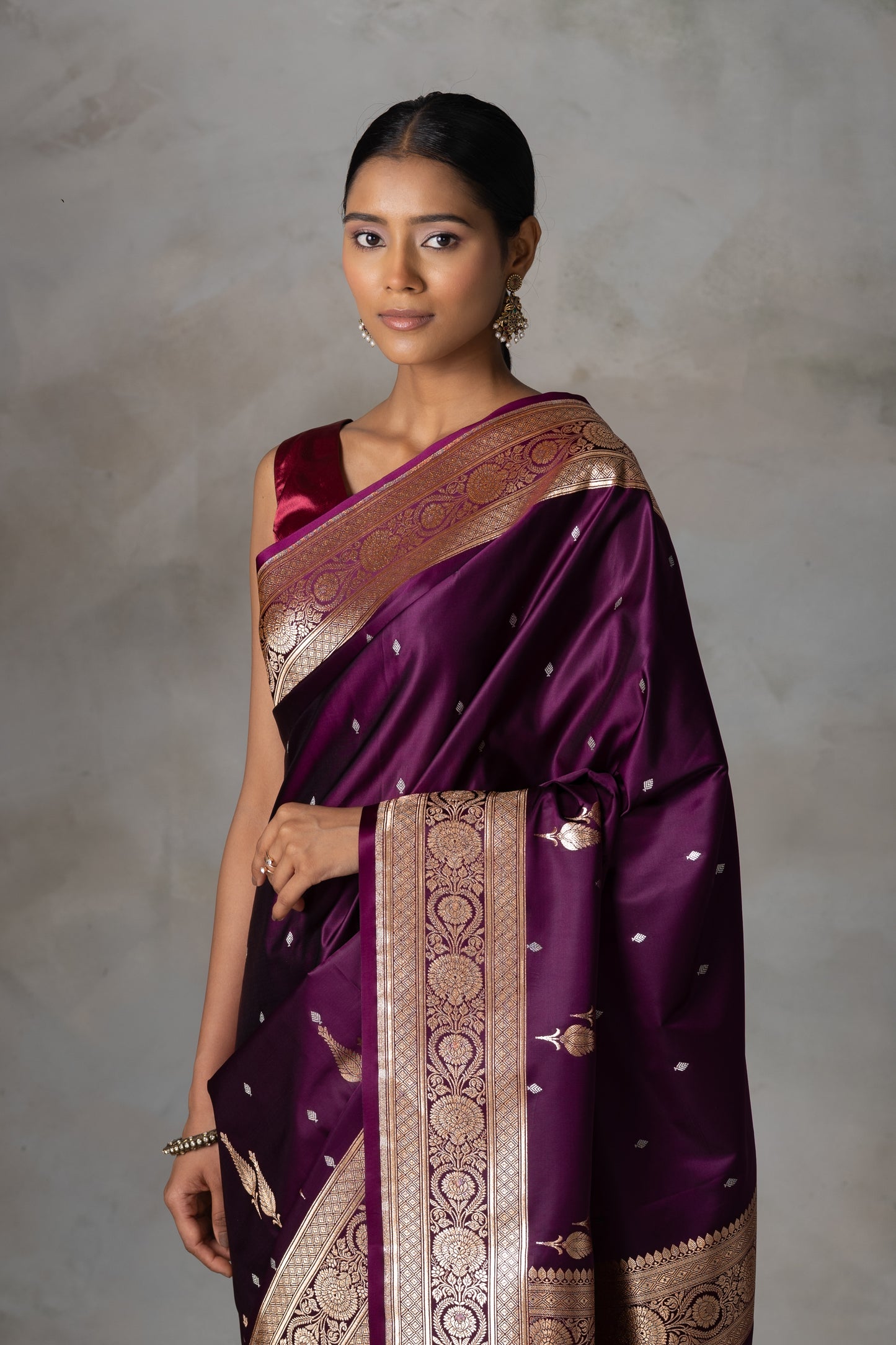 Plum Banarasi Silk Saree with Antique Gold & Silver Zari Detailing