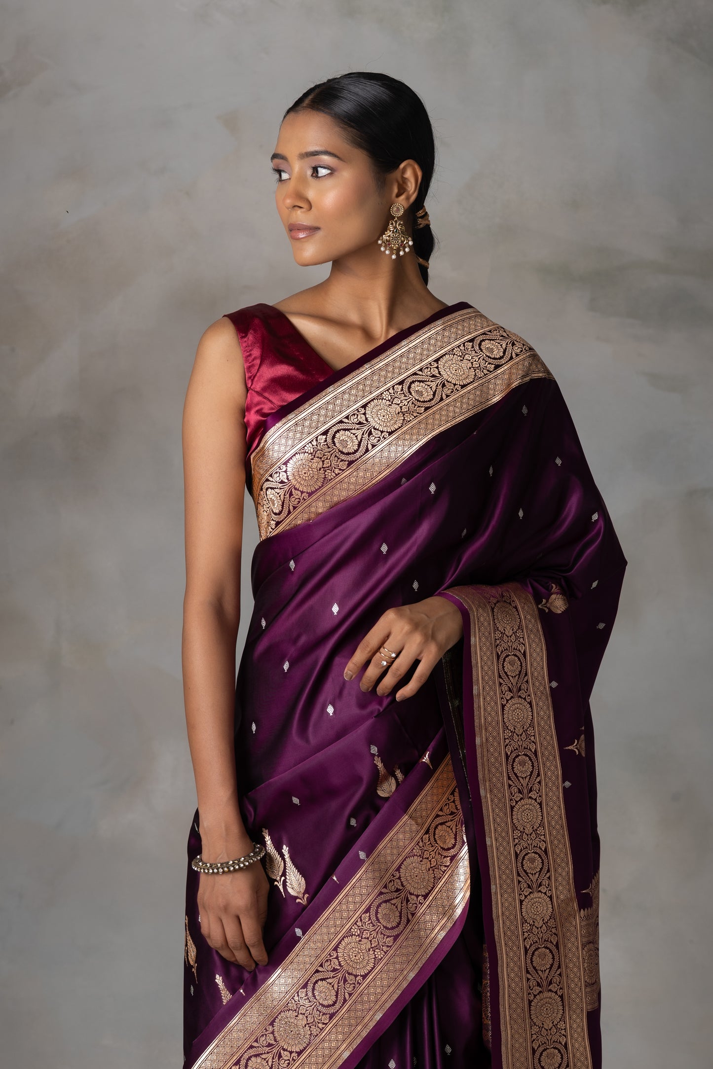 Plum Banarasi Silk Saree with Antique Gold & Silver Zari Detailing