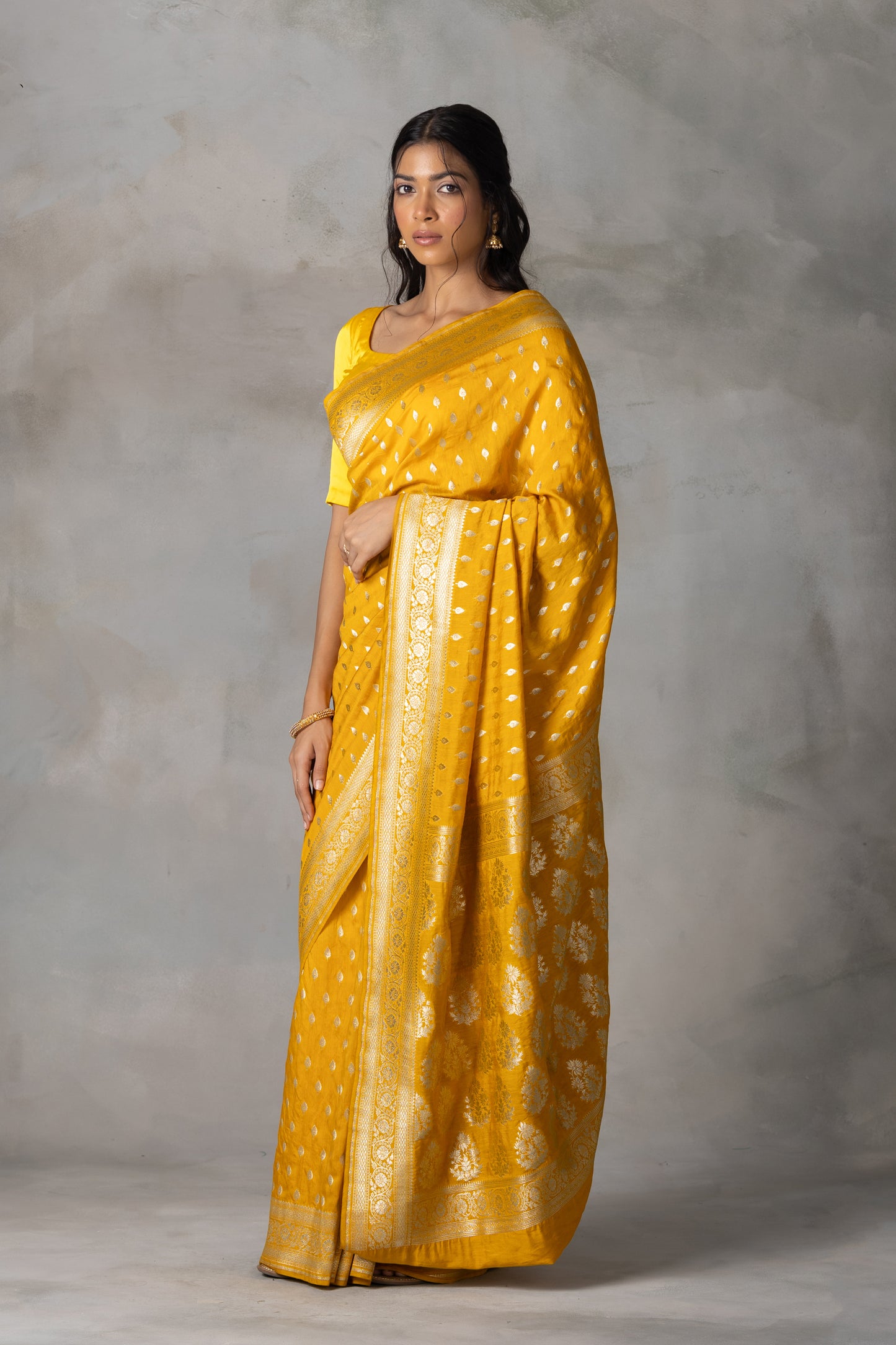Sunlit Mustard Banarasi Silk Saree with Zari Butidar Motifs