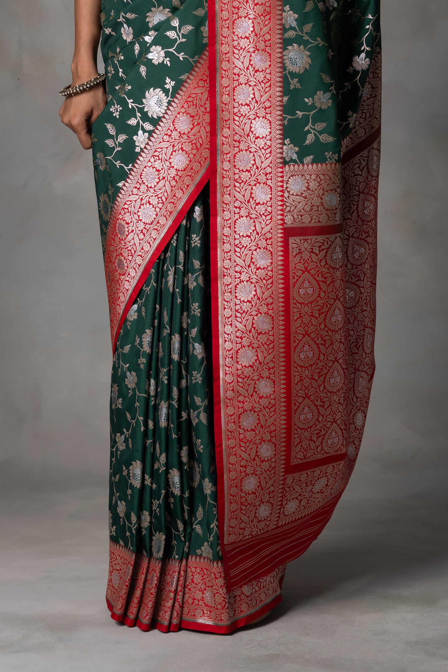 Elegant Bottle Green Banarasi Silk Saree with Red Border & Gold-Silver Zari