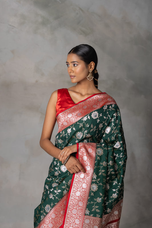 Elegant Bottle Green Banarasi Silk Saree with Red Border & Gold-Silver Zari