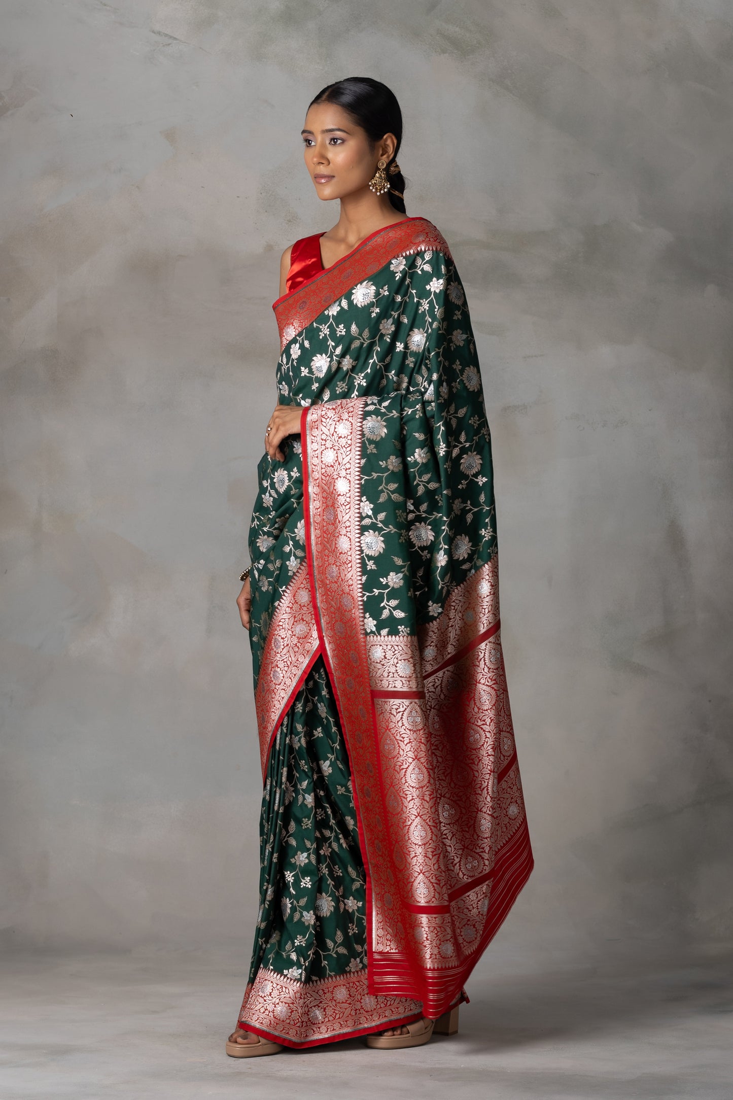 Elegant Bottle Green Banarasi Silk Saree with Red Border & Gold-Silver Zari