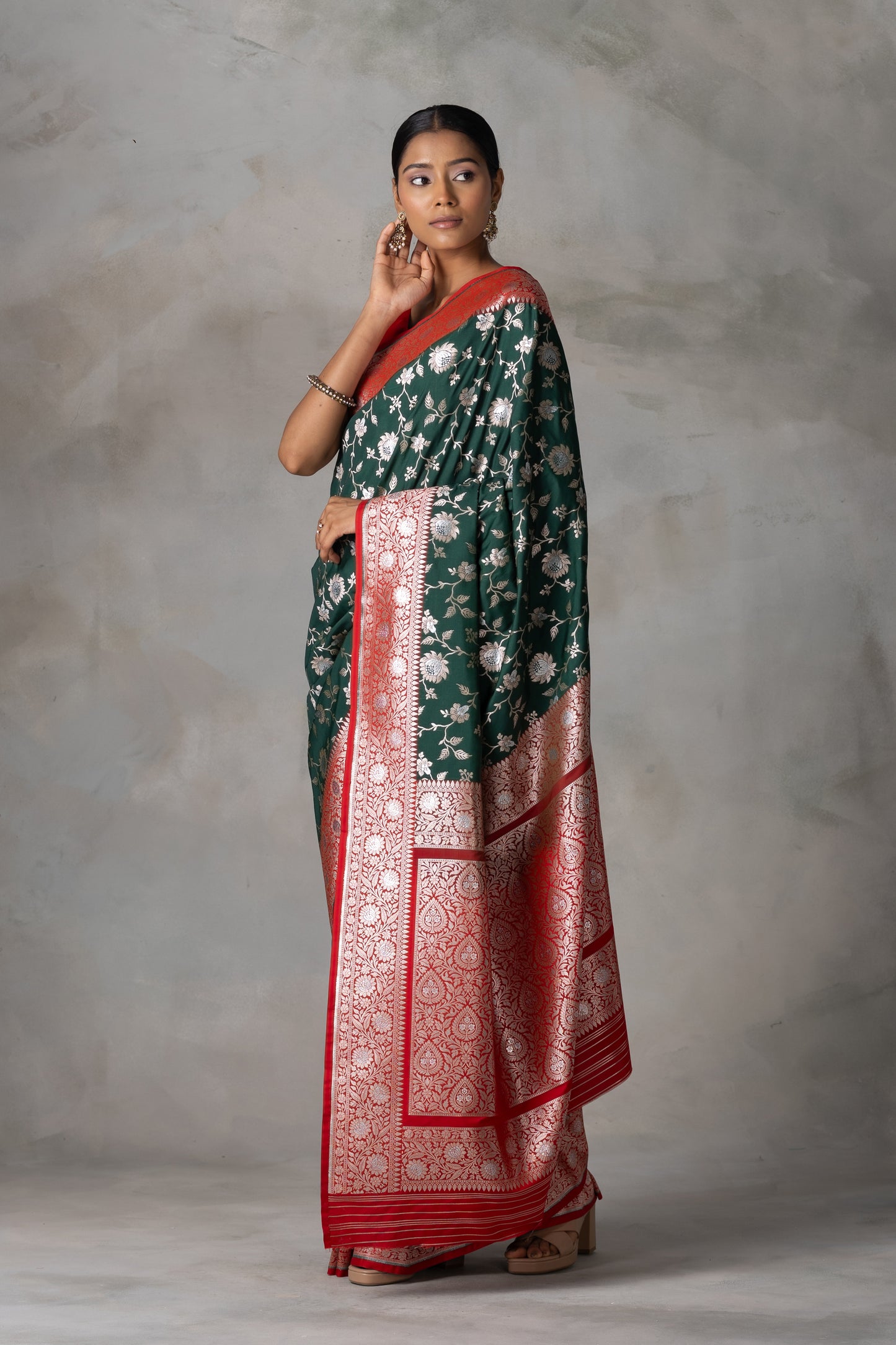Elegant Bottle Green Banarasi Silk Saree with Red Border & Gold-Silver Zari