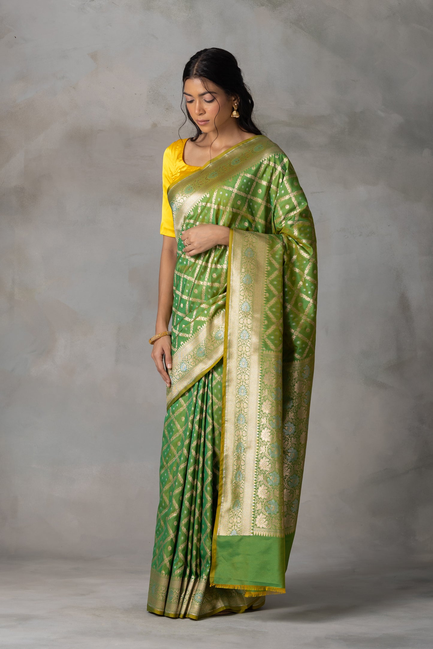 Parrot Green Banarasi Silk Saree with Gold Zari Checks