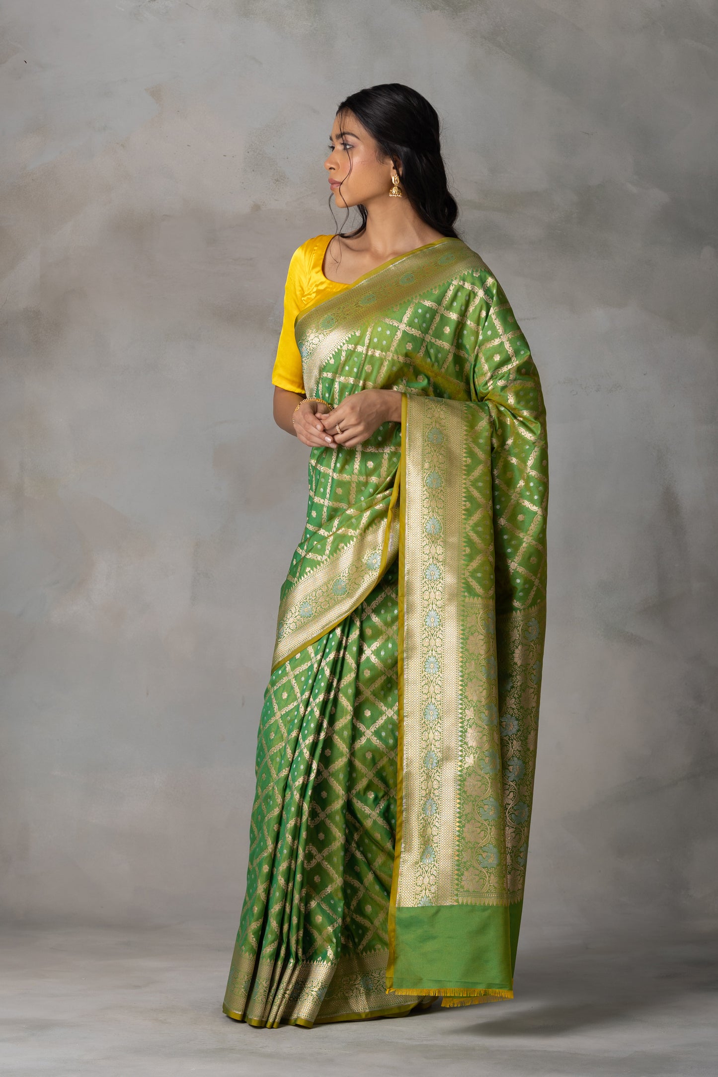 Parrot Green Banarasi Silk Saree with Gold Zari Checks