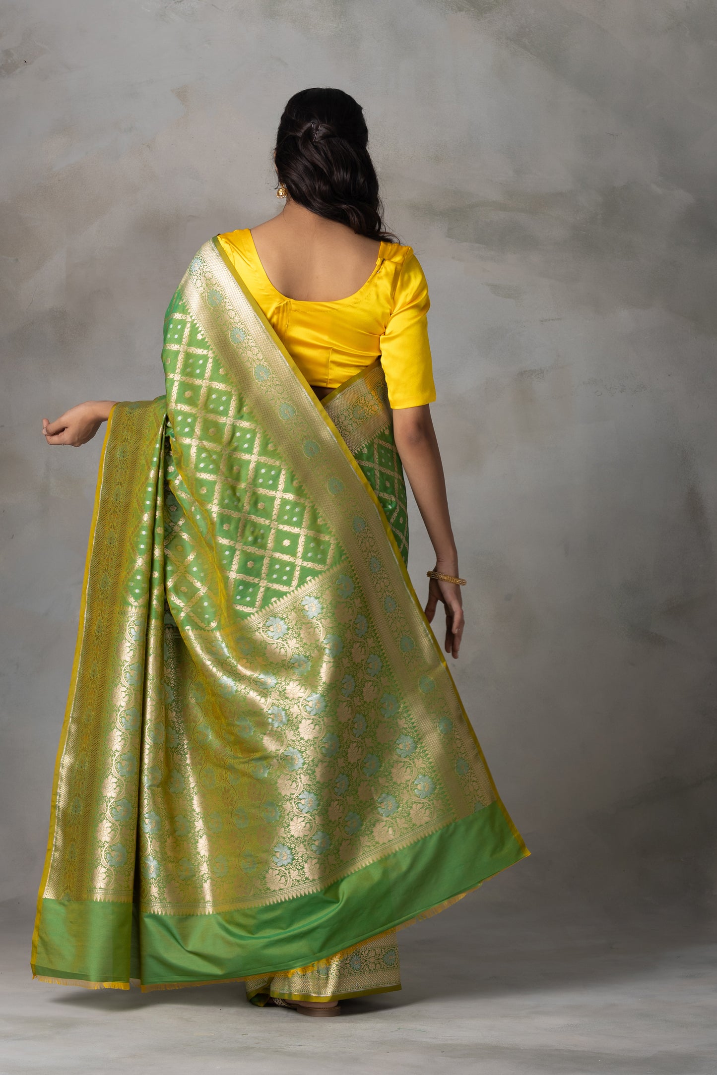 Parrot Green Banarasi Silk Saree with Gold Zari Checks
