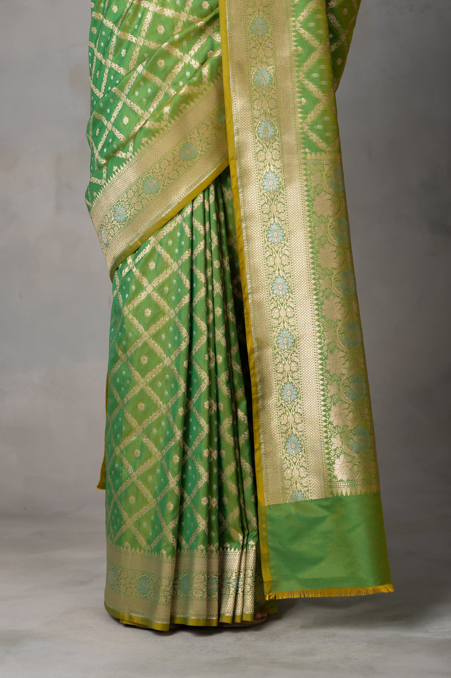 Parrot Green Banarasi Silk Saree with Gold Zari Checks