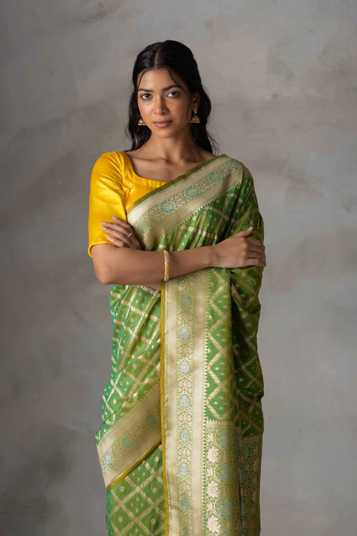 Parrot Green Banarasi Silk Saree with Gold Zari Checks
