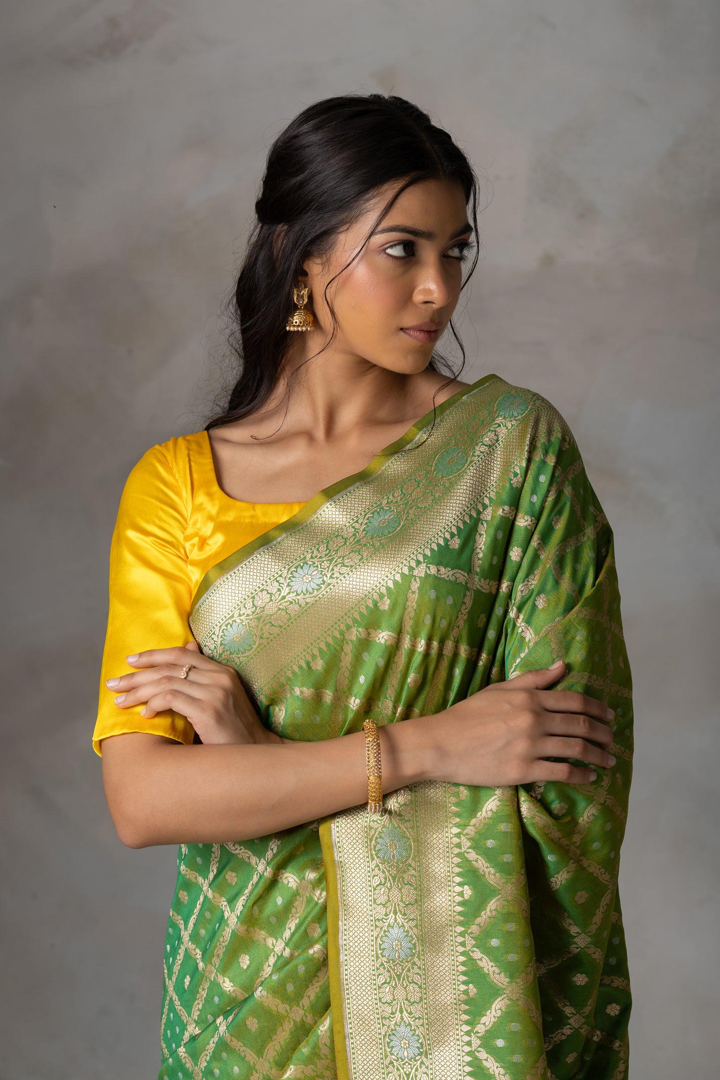 Parrot Green Banarasi Silk Saree with Gold Zari Checks