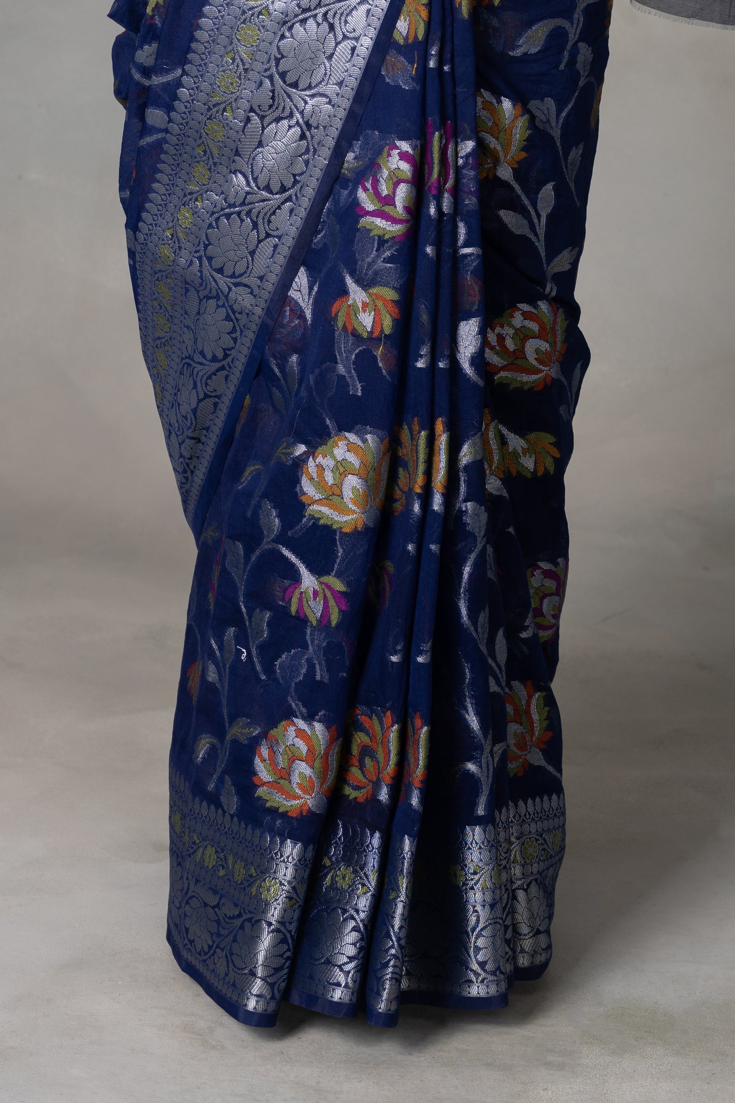 Navy Blue Banarasi Georgette (Chiffon) Saree with Silver Zari & Meenakari Floral Weaving