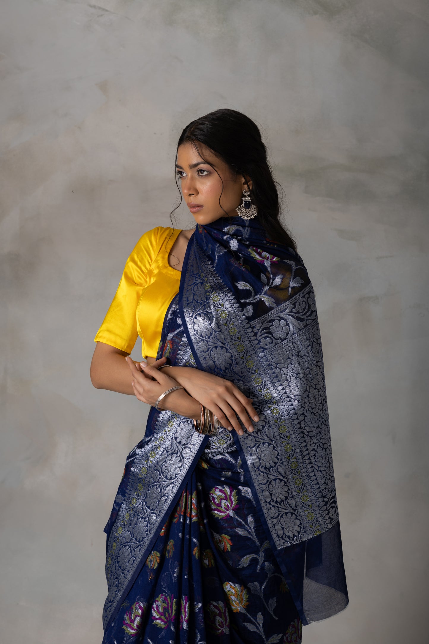 Navy Blue Banarasi Georgette (Chiffon) Saree with Silver Zari & Meenakari Floral Weaving