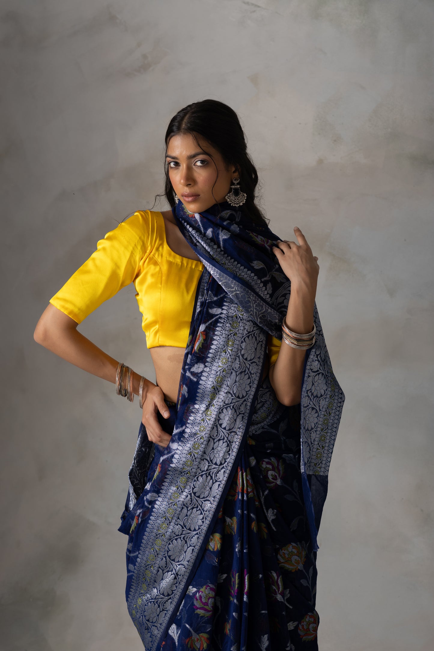 Navy Blue Banarasi Georgette (Chiffon) Saree with Silver Zari & Meenakari Floral Weaving
