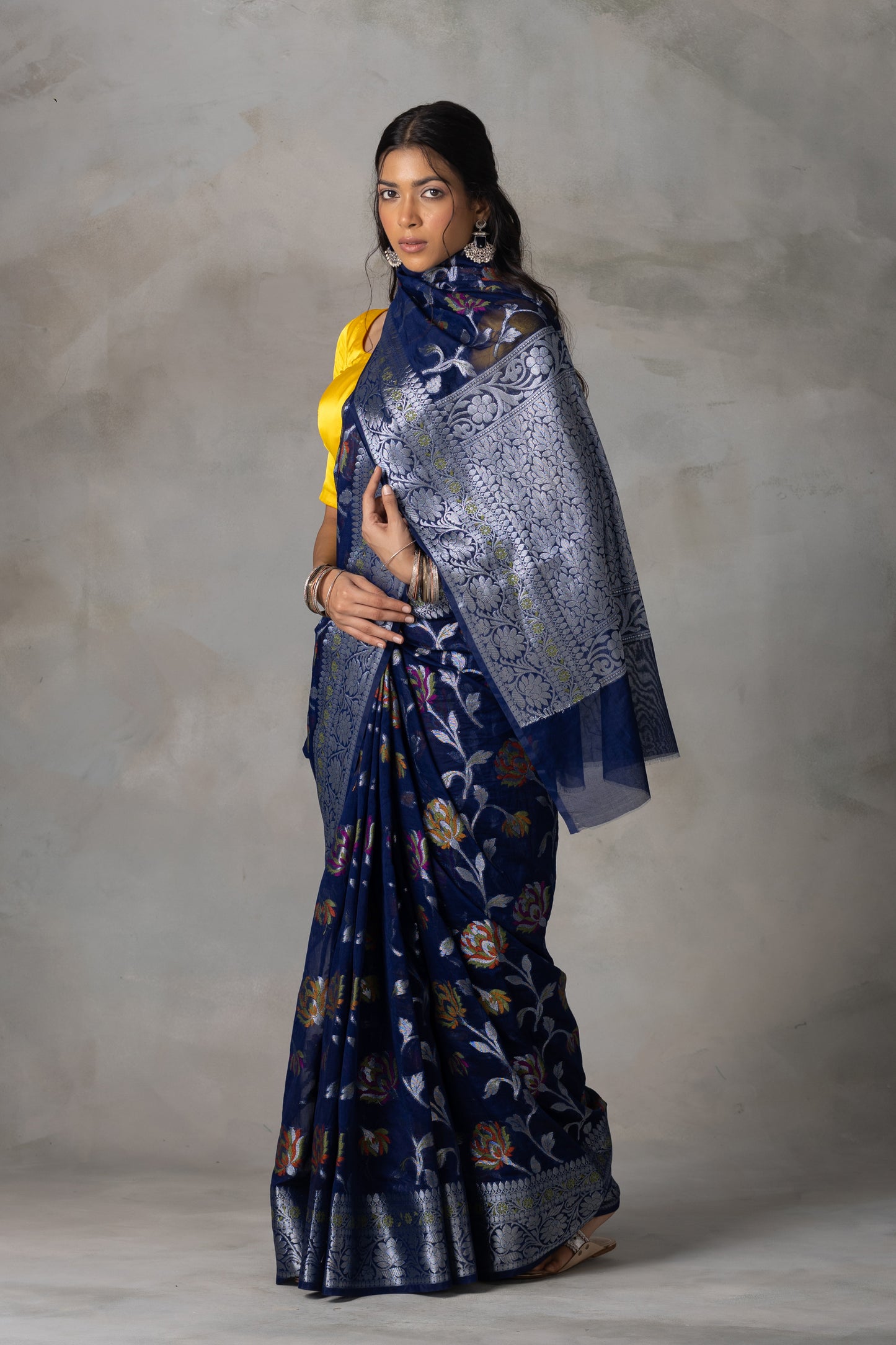 Navy Blue Banarasi Georgette (Chiffon) Saree with Silver Zari & Meenakari Floral Weaving