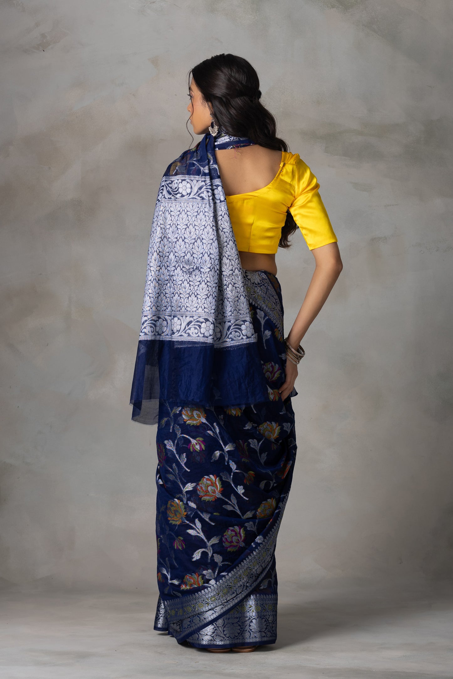 Navy Blue Banarasi Georgette (Chiffon) Saree with Silver Zari & Meenakari Floral Weaving