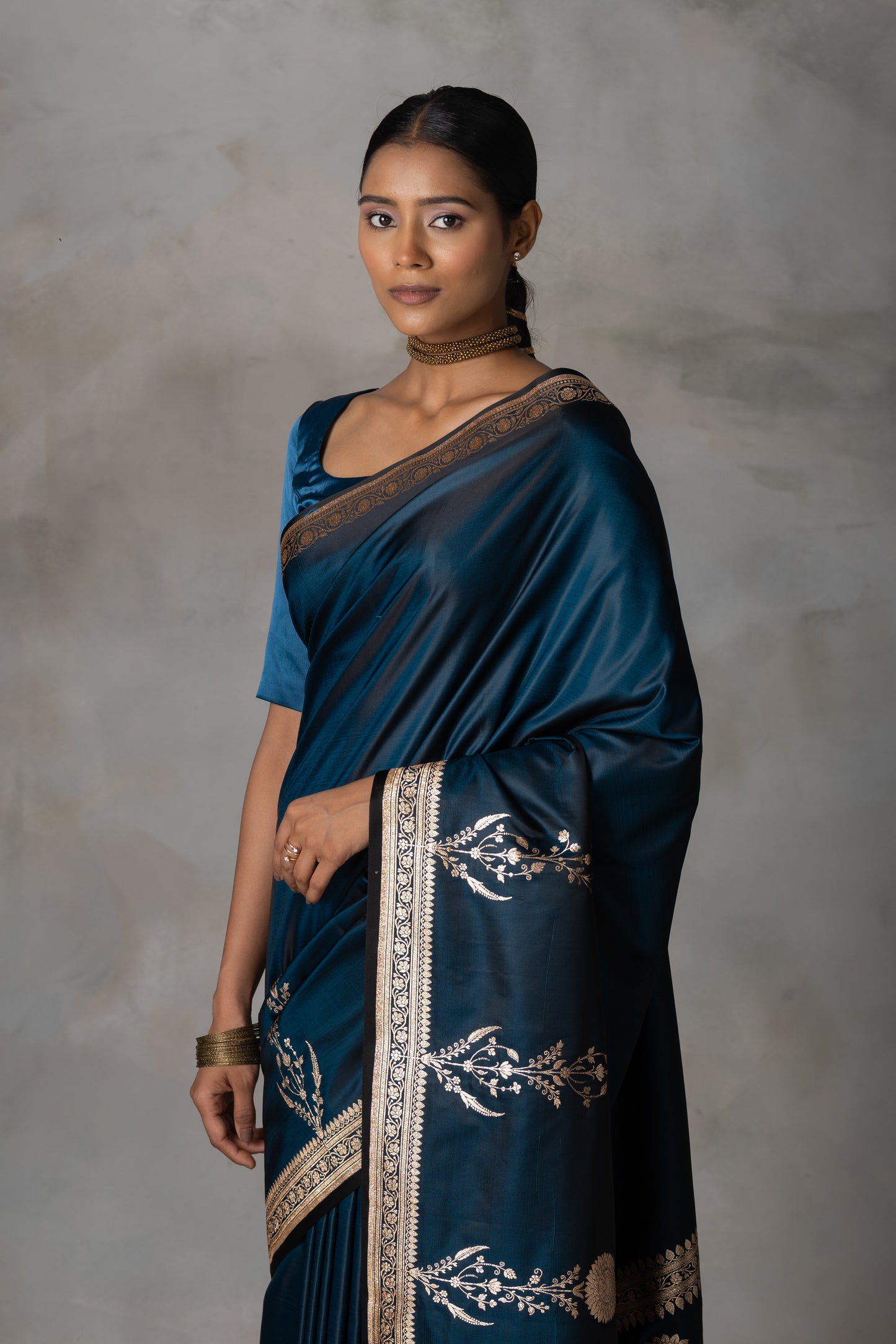 Teal Blue Banarasi Silk Saree with Gold Zari Work