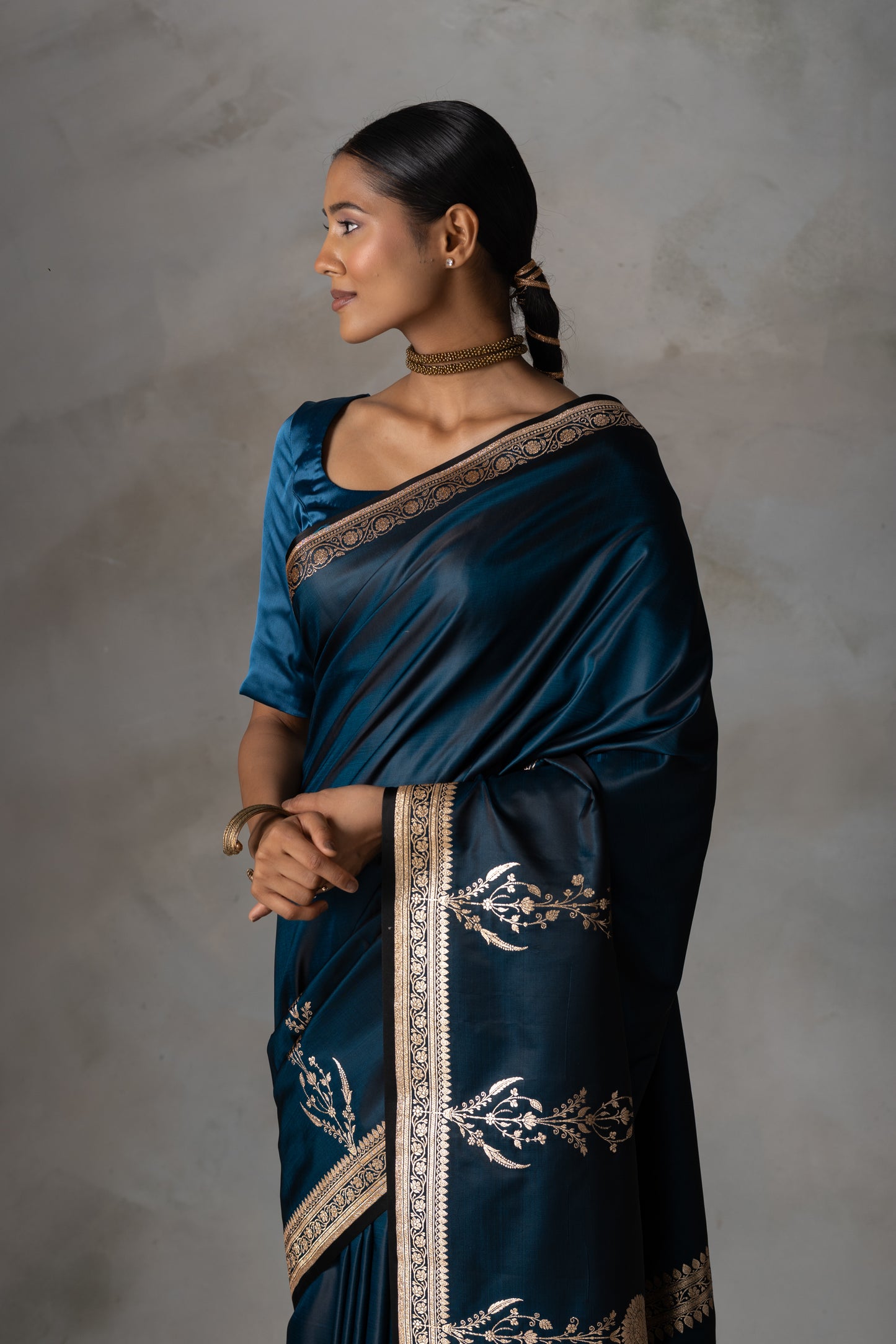 Teal Blue Banarasi Silk Saree with Gold Zari Work