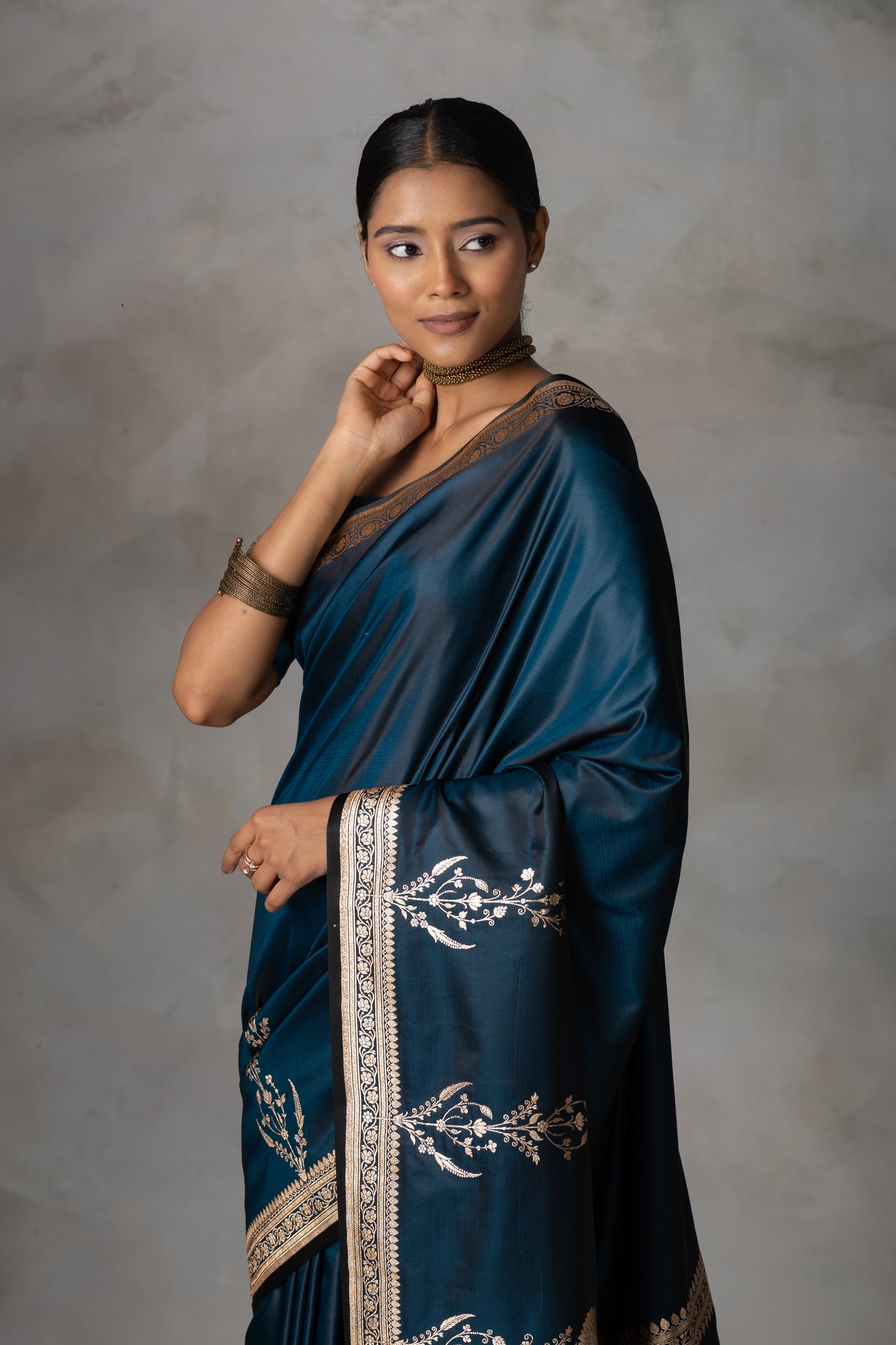 Teal Blue Banarasi Silk Saree with Gold Zari Work