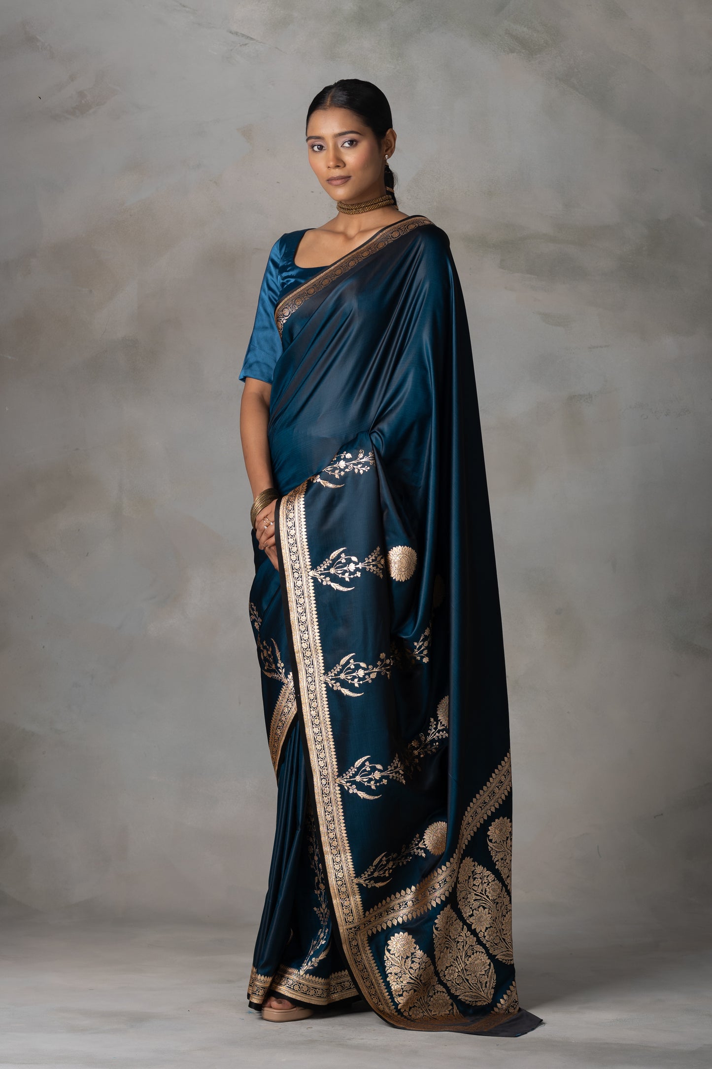 Teal Blue Banarasi Silk Saree with Gold Zari Work